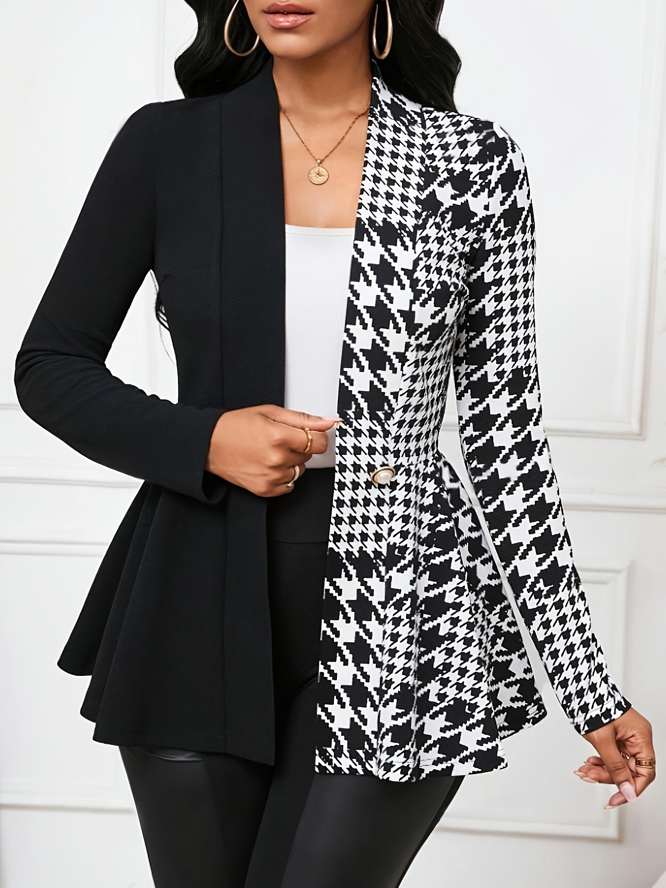 Office Ready, Women's Elegant Houndstooth Color Block Jacket - Chic Single-Breasted Long Sleeve, Polyester, Machine Washable, Ideal for Spring/Fall Fashion