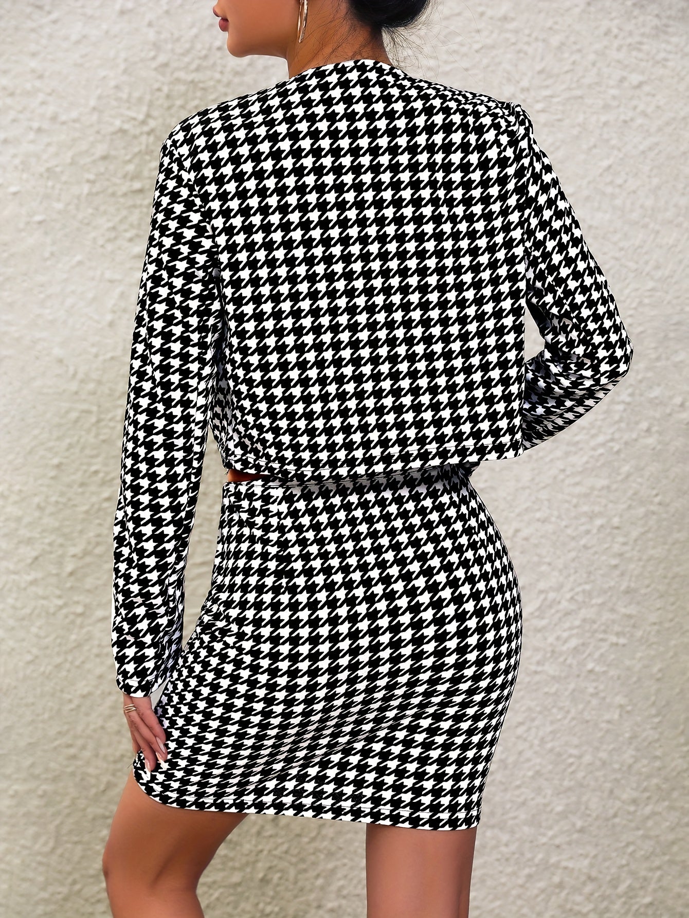 Houndstooth Print Elegant Two-piece Set, Open Front Long Sleeve Tops & Bag Hip Skirts Outfits, Women's Clothing