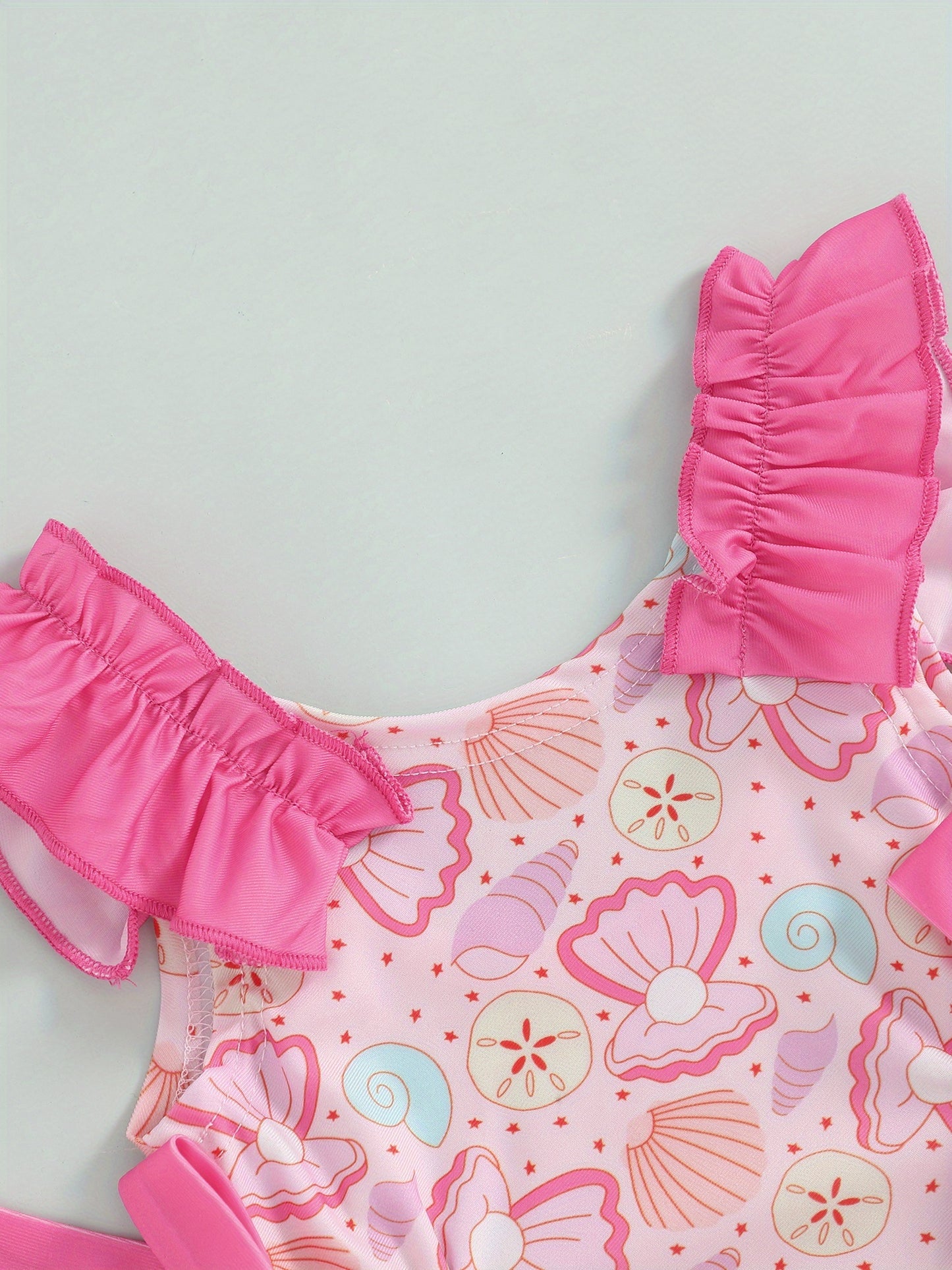Toddler Girl Summer Tank Swimsuit Shell Print Romper Sleeveless U-Neck Bathing Suit Ruffled Beachwear