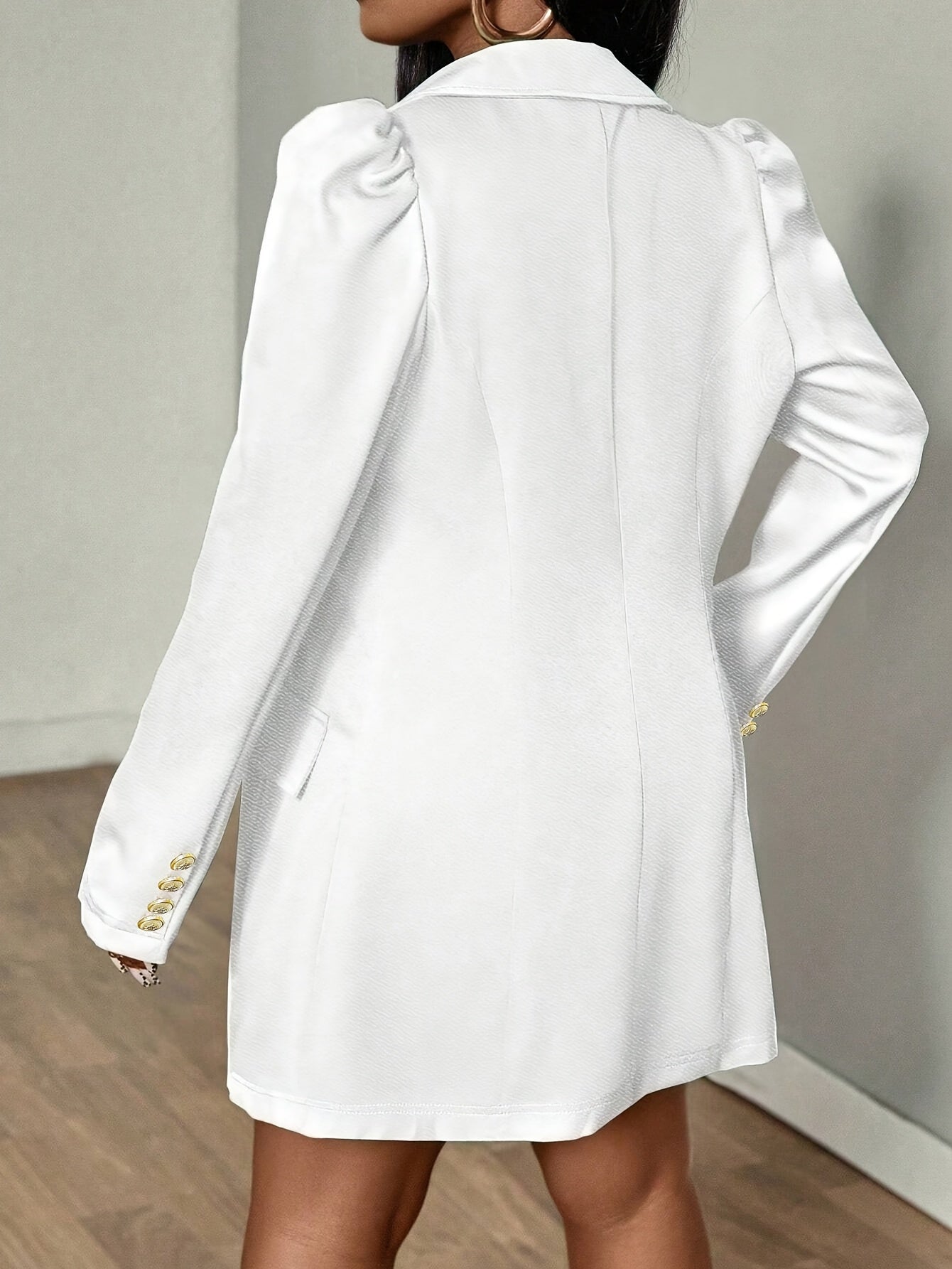 Women's Elegant Double-Breasted Blazer with Puff Sleeves and Faux Pockets - White, Long Sleeve, Mid-Length, High Stretch Fabric, Perfect for Spring and Fall, Everyday Chic, Formal Office Wear | Classic Notched Lapel | Functio