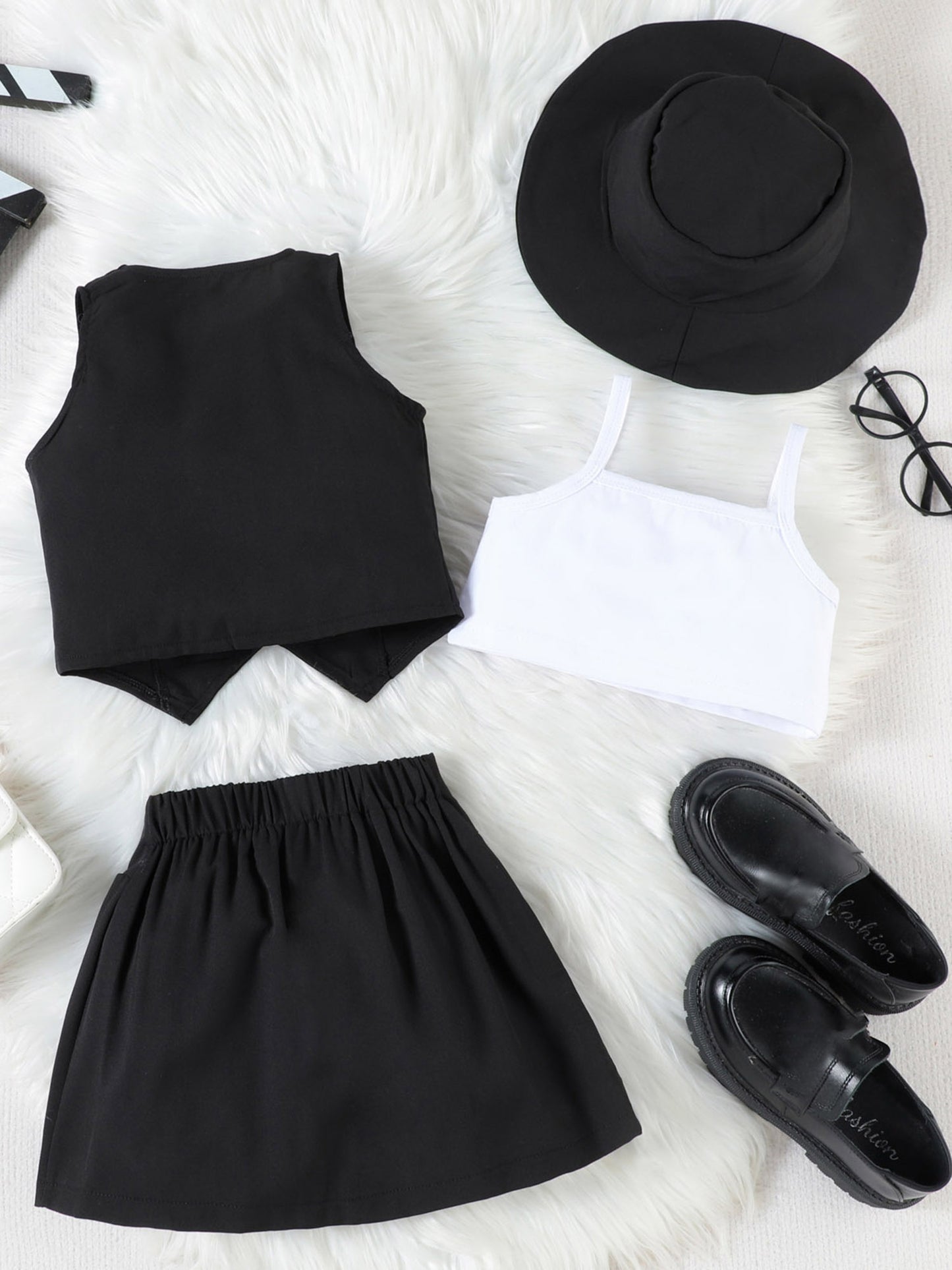 Girl Summer Set V-Neck Sleeveless Button-up Vest Cami Pleated Skirt Hat 4pcs Outfits, for Outdoor