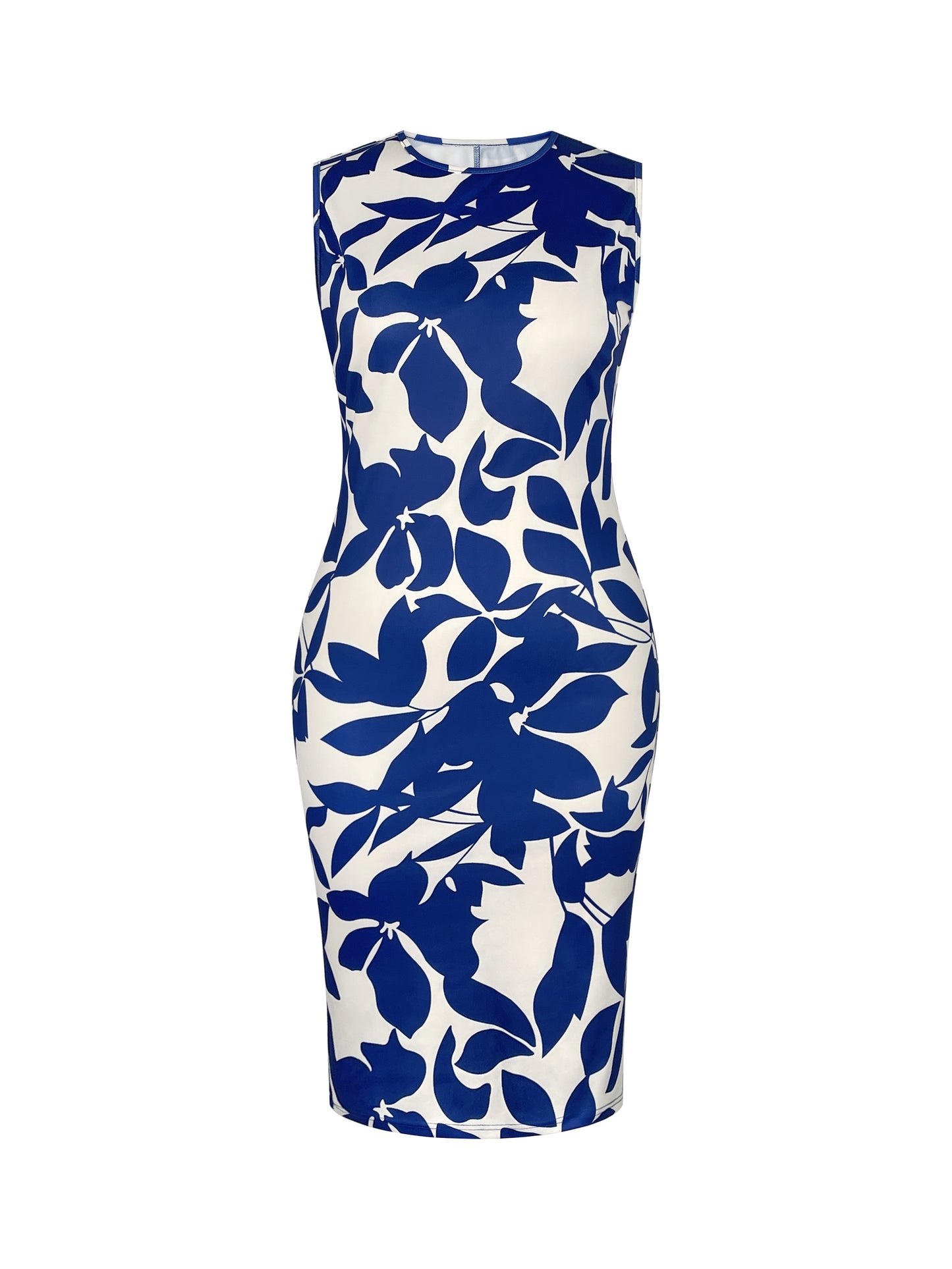 Stylish Plus Size Co-ord Set - Elegant Crew Neck Floral Print Dress and Blue Jacket - High Stretch Knit Fabric, Polyester and Elastane Blend, Comfortable and Versatile Suit Jacket Dress Set for Plus Size Women