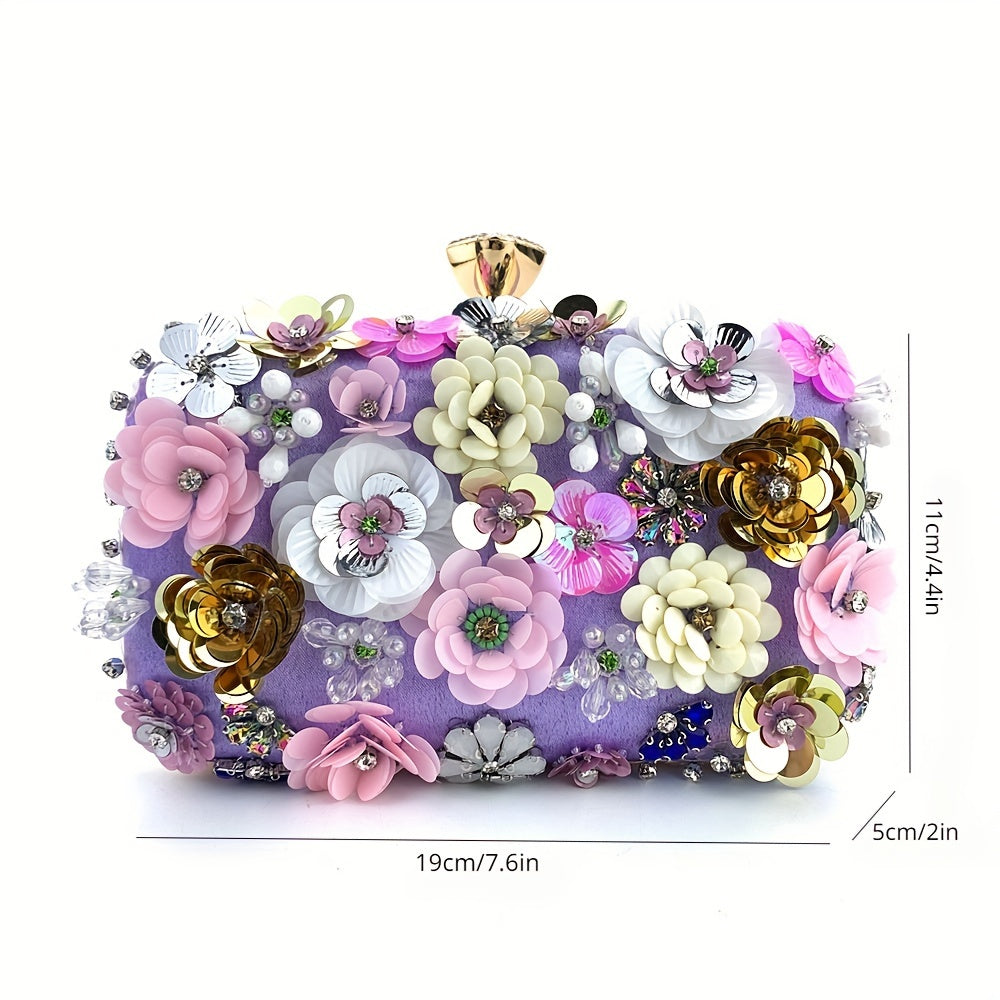 One 3D Beaded Flower Exquisite Evening Bag - Elegant Box Clutch Purse with Sparkling Accents, Women's Wedding Handbags for Party Prom, Carnival Mardi Gras Music Festival, and Formal Occasions - Perfect for Making a Statement