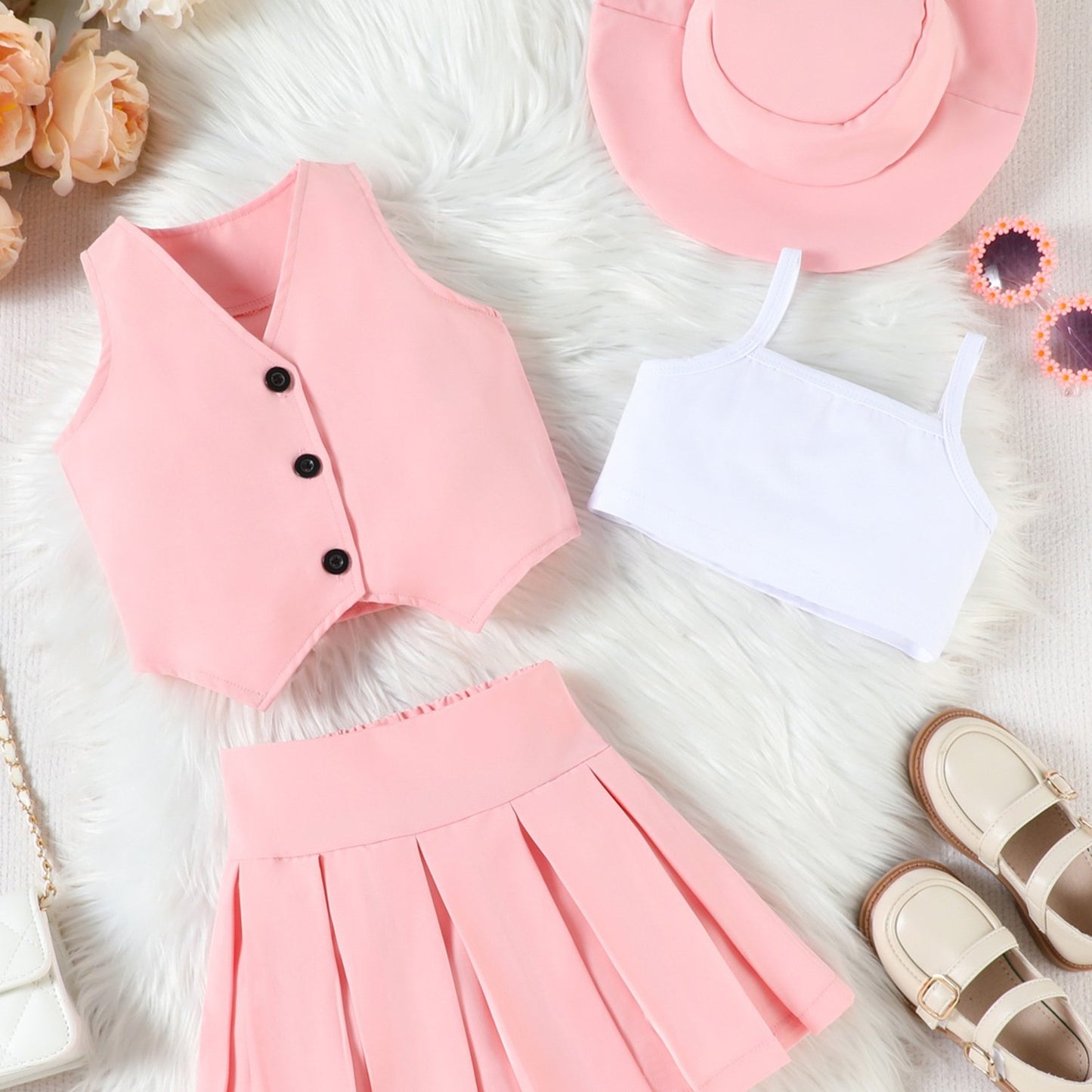 Girl Summer Set V-Neck Sleeveless Button-up Vest Cami Pleated Skirt Hat 4pcs Outfits, for Outdoor