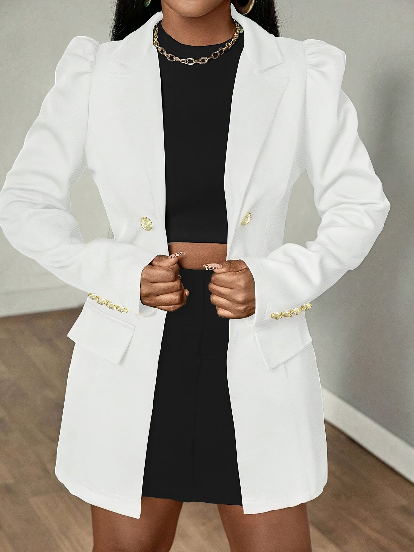 Women's Elegant Double-Breasted Blazer with Puff Sleeves and Faux Pockets - White, Long Sleeve, Mid-Length, High Stretch Fabric, Perfect for Spring and Fall, Everyday Chic, Formal Office Wear | Classic Notched Lapel | Functio