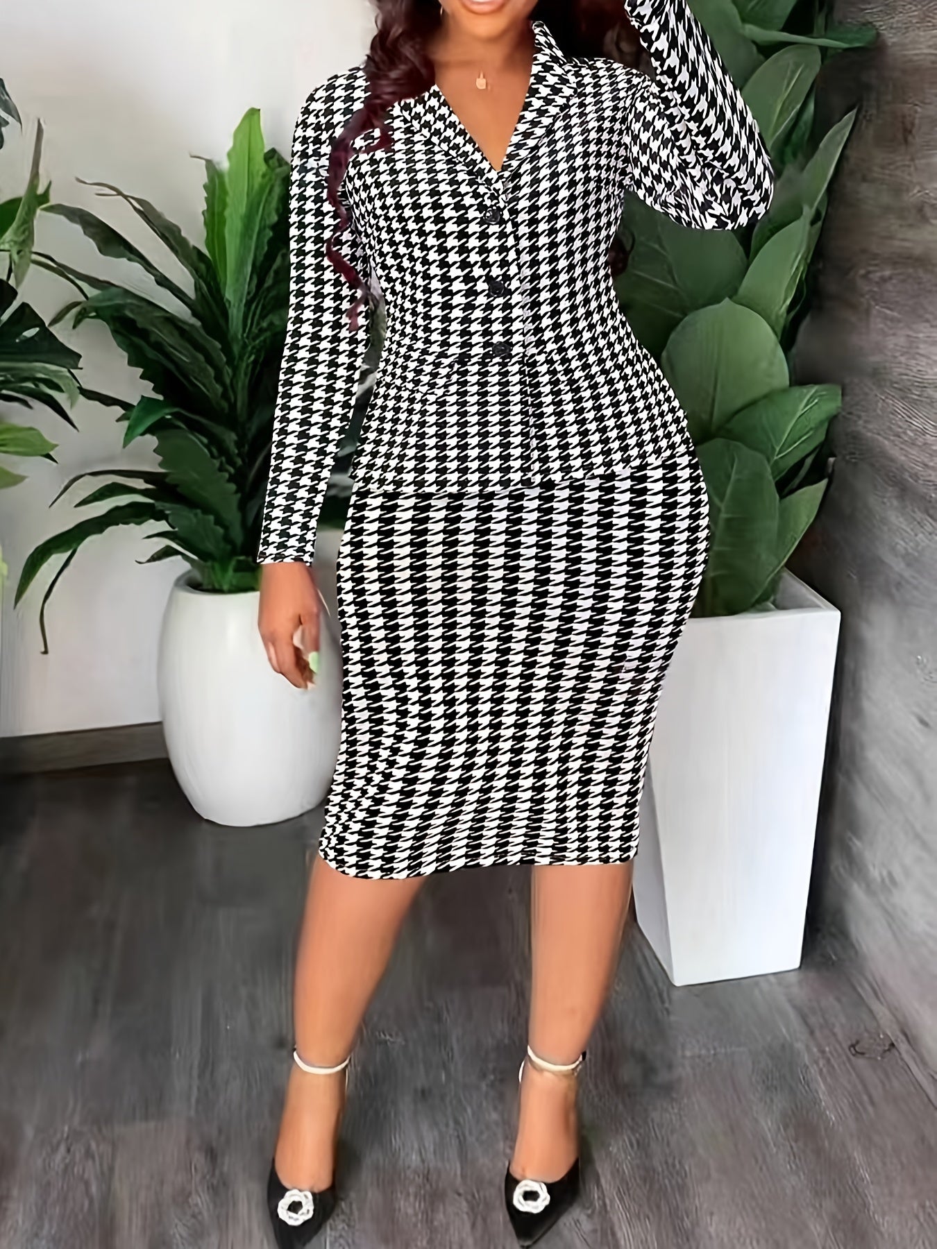 Elegant Houndstooth Print Two-Piece Set for Women - Chic Blazer & Bodycon Skirt Combo, Stretchy Polyester Blend, Non-Sheer, Button-Up Lapel Collar Jacket with Pockets - Perfect for Work, Office, or Casual Wear - Ideal Gift fo