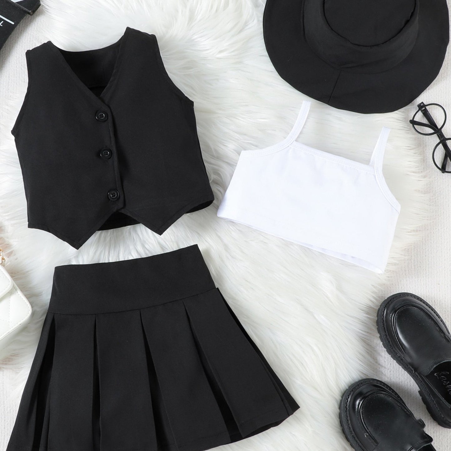 Girl Summer Set V-Neck Sleeveless Button-up Vest Cami Pleated Skirt Hat 4pcs Outfits, for Outdoor