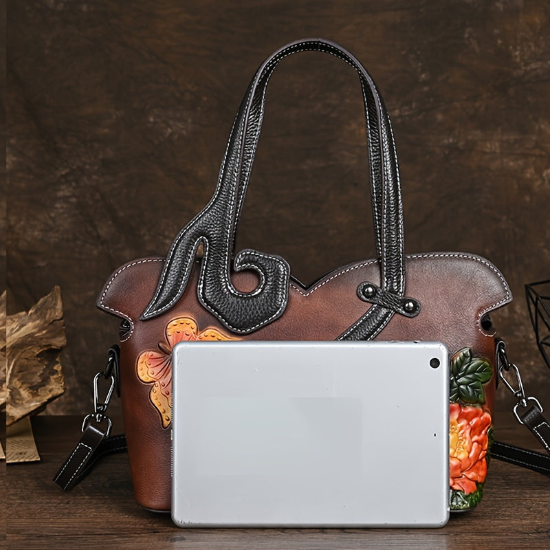 Genuine Genuine Leather Women's Crossbody Bag with Floral Embossed Design - Ethnic Style Coffee & Yellow Handbags, Zipper Closure & Polyester Lining for Casual or Formal Use