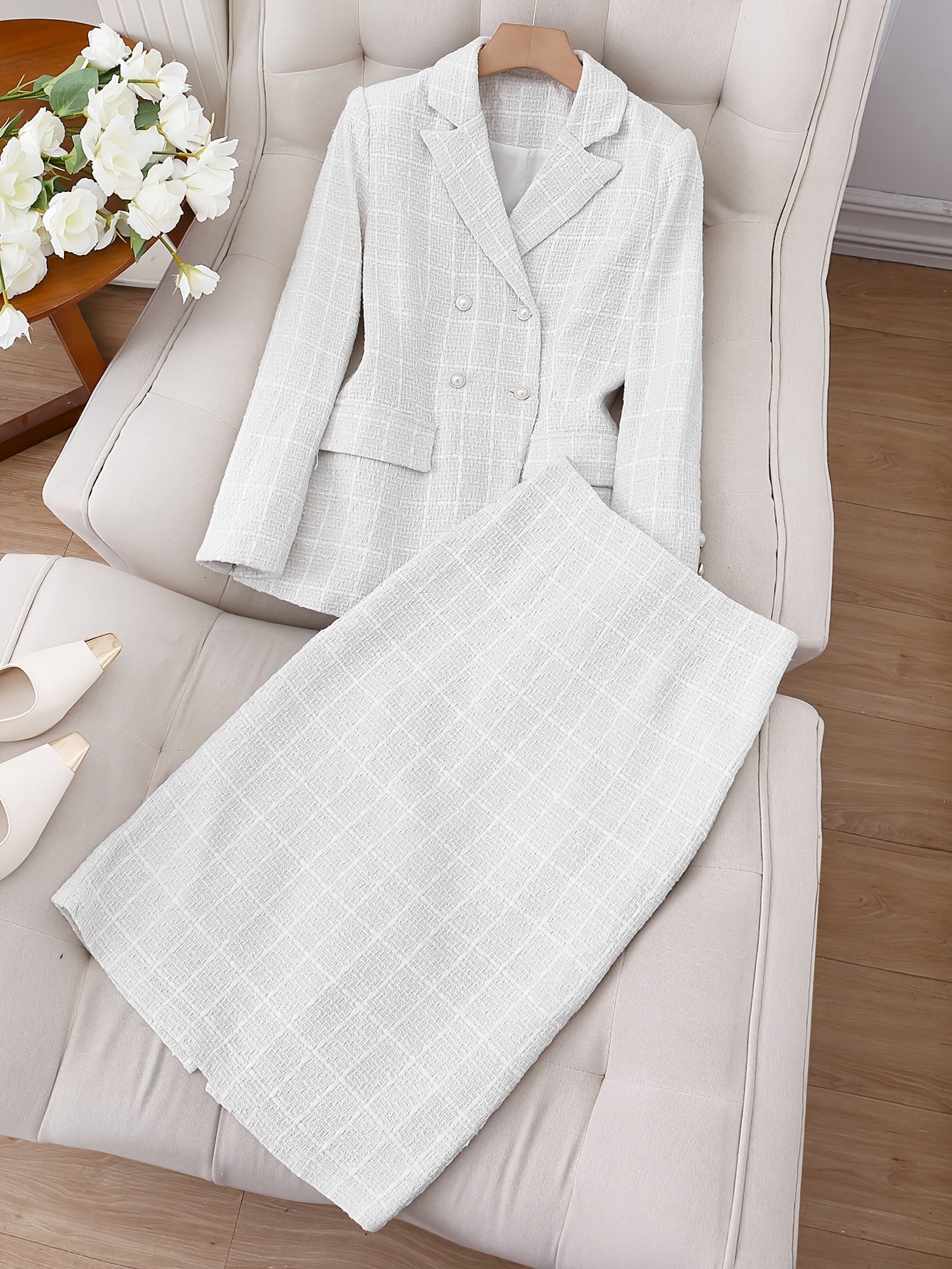 Attracting Wealth, Fashionable and Elegant, Urban Regular Style, Turned-up Collar, Long Sleeve, Solid Color, Elegant Jacket, Suit and Skirt Set, Belt Not Included