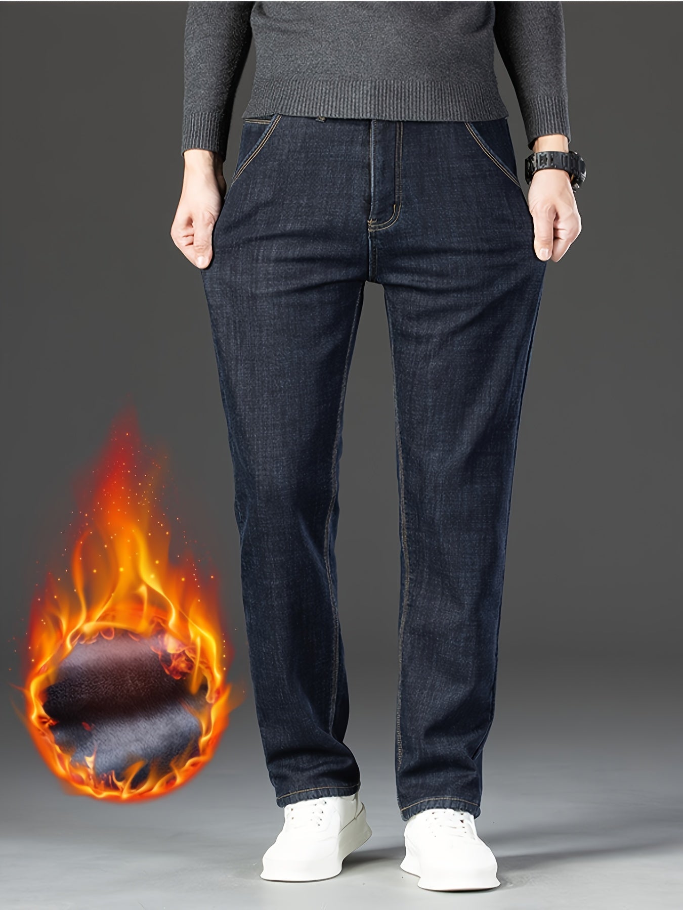 Men's Classic Thickened Denim Straight Leg Fleece Lined Jeans - Warm and Comfortable Winter Pants with Classic Design for Autumn and Winter Season