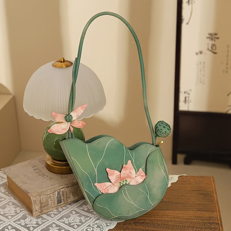 2025 New Chinese Style Women's Shoulder Bag - Exquisite Floral Embroidery Designer Handbag with Green & Pink for Lotus & Dragonfly, Zipper Closure, Lightweight Polyester Lining, Durable Oxford Fabric, Elegant Country Handbag