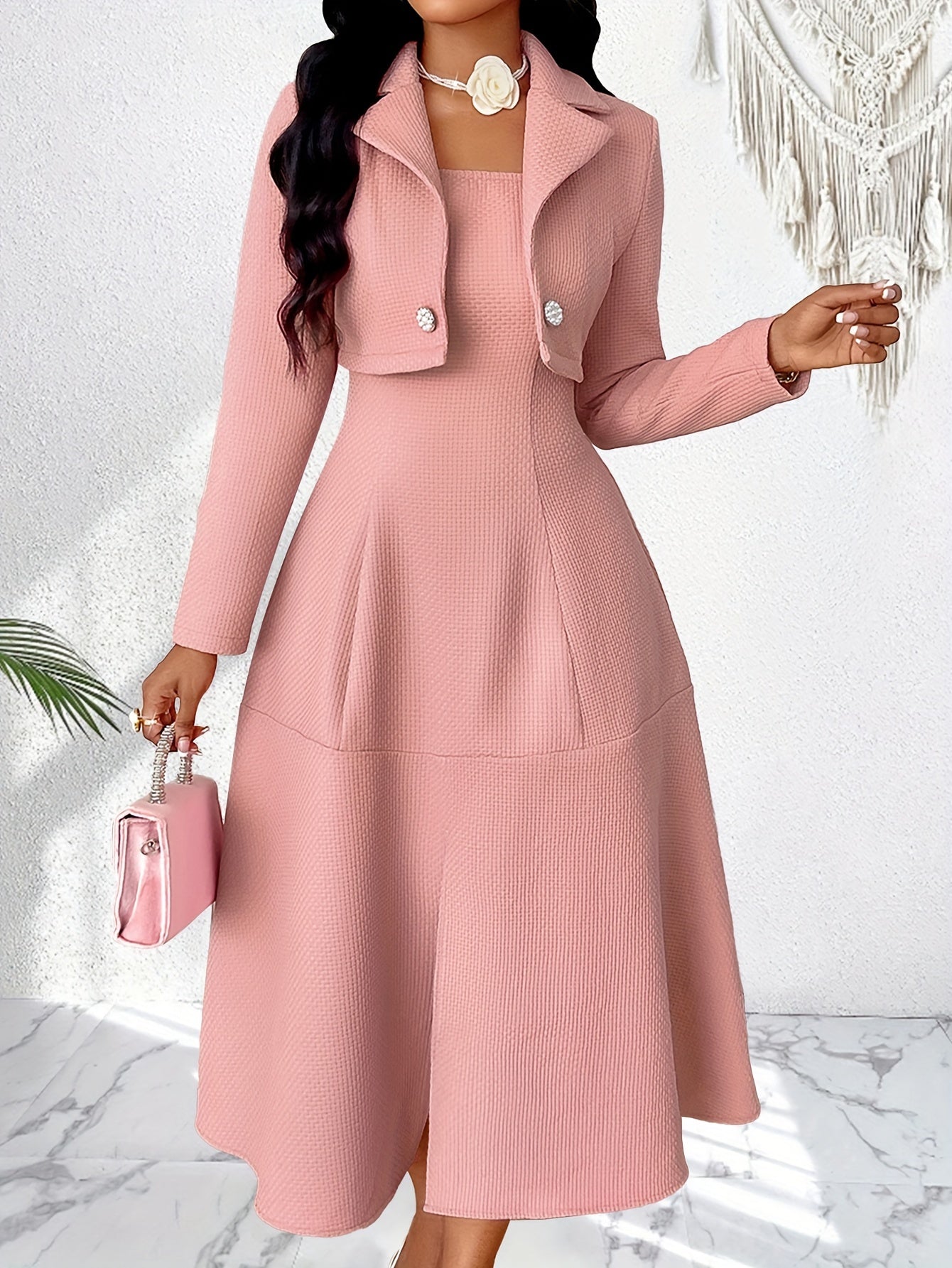 Machine Washable Polyester Elegant French-Inspired Women's Suit Set: Chic Textured Crop Blazer & A-Line Cami Dress