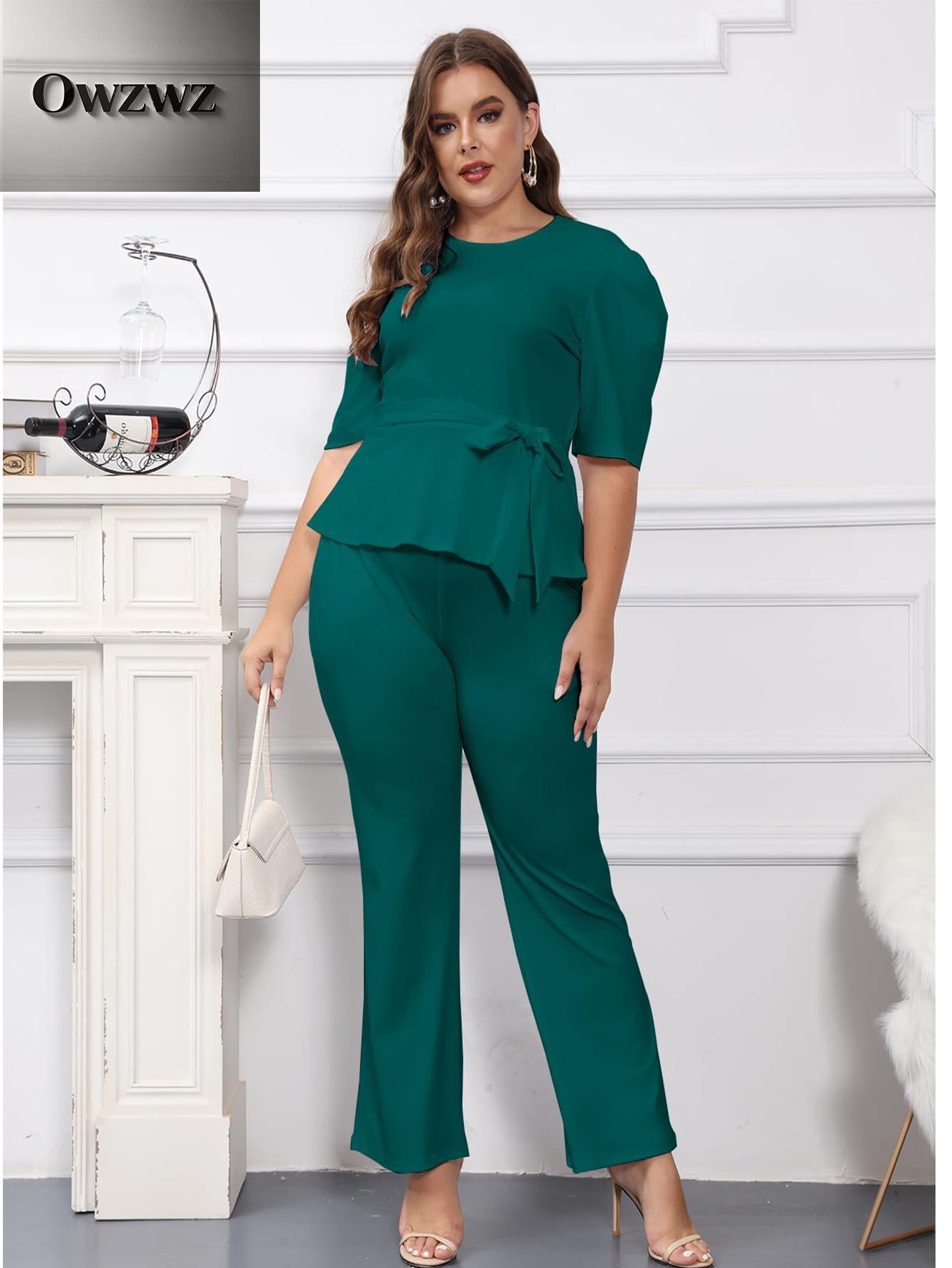 Plus Size 2pcs Outfits for Women Blazer Top Long Sleeve Long Pants Sets Formal Evening Ruffles Slim Fit Blazer Top And Long Pants Set Casual Elegant Business Suit with Belt