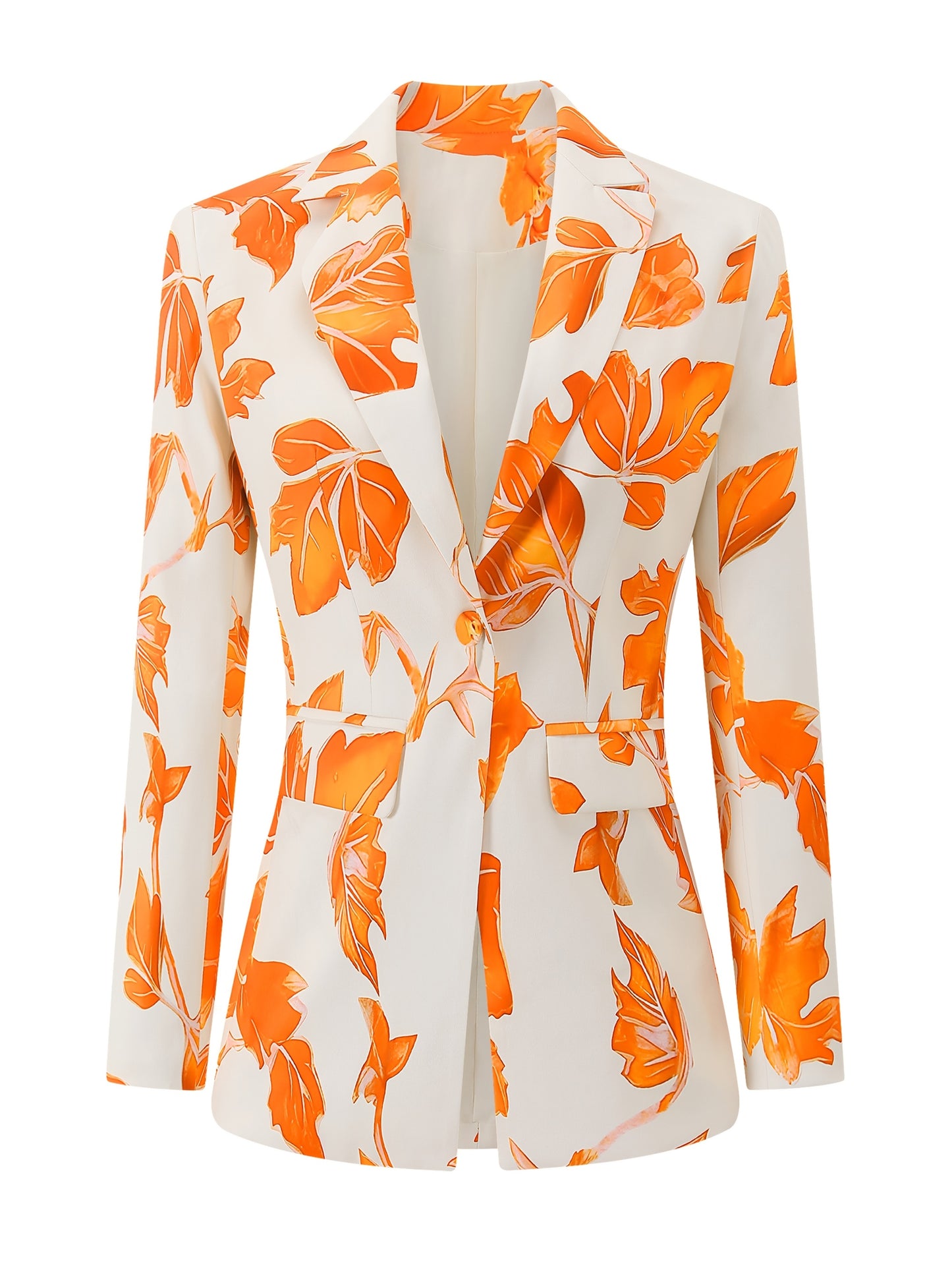 Elegant Women'S Blazer with Vibrant Orange Leaf Print - Single-Breasted Long Sleeve Jacket, Double Pockets, Smooth Polyester Fabric, All-Season Versatile Style, Ladies Blazers