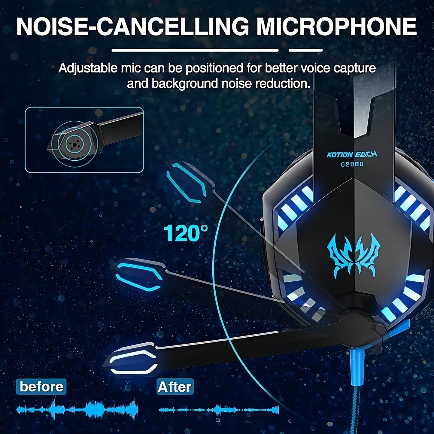 G2000 Gaming Headset, with Mic LED Light Over Ear Wired Headphones for PC Game, Video Games Ps 5, 3.5mm Audio Cable, Condenser Mic - USB