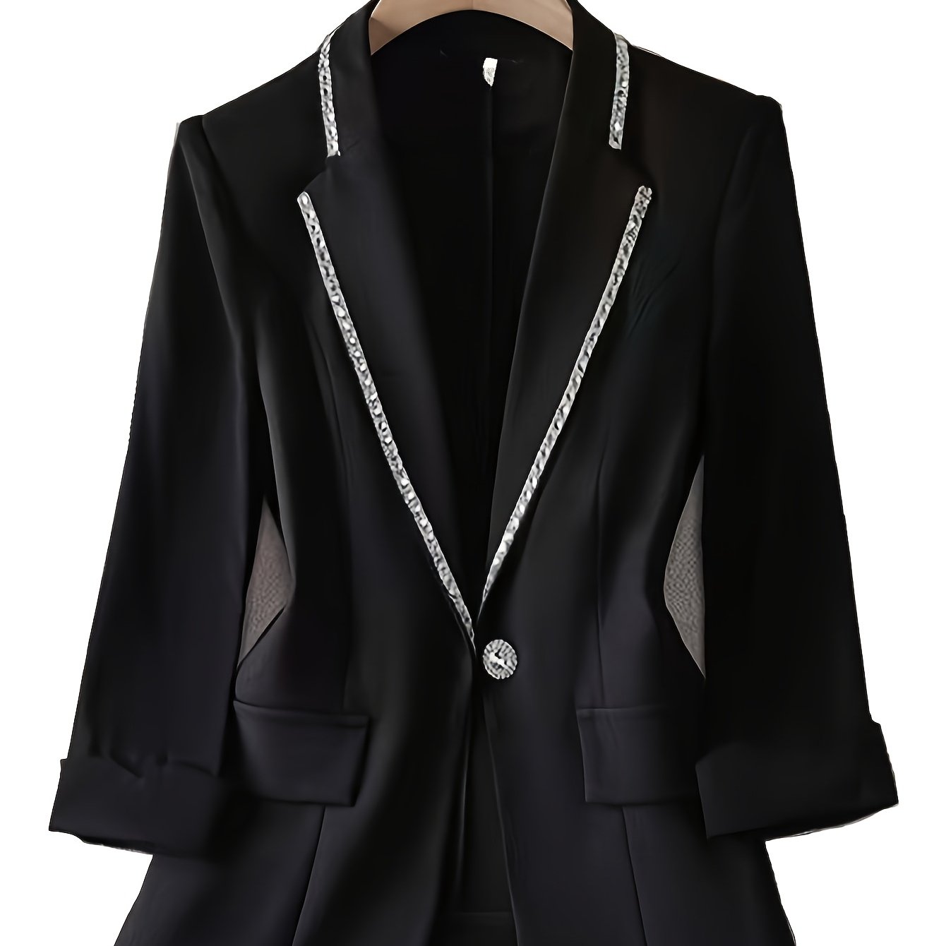 Women'S Elegant Chiffon Blazer with Rhinestone Embellishments, Spring/Summer Three Quarter Sleeve, Polyester 100%, Solid Color, X-Contour, Single Button Placket, Lightweight Knit Fabric, 120g/m² - Fashionable Casual Suit Jac