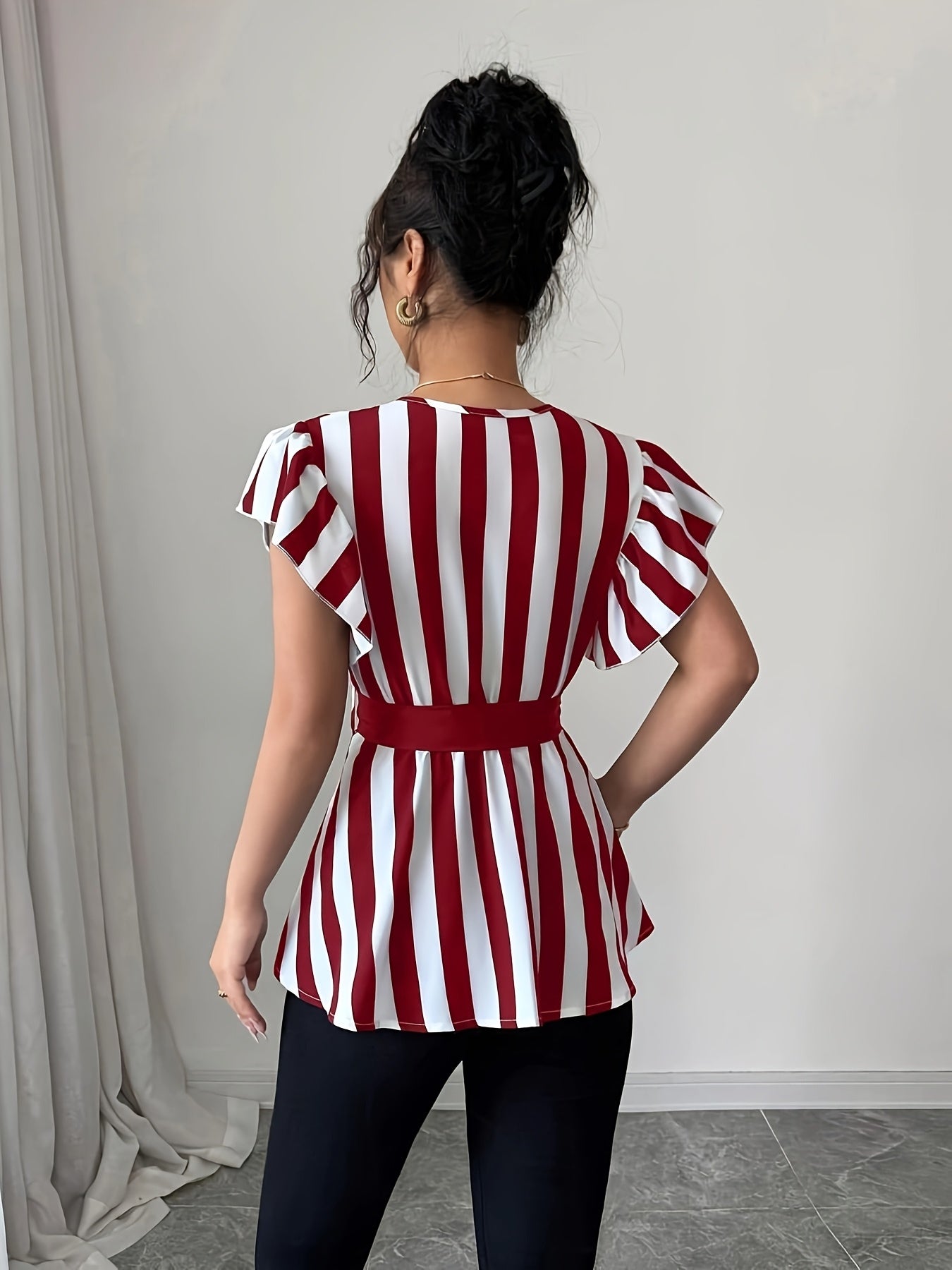 Women's Elegant Striped V-Neck Blouse with Belt - Black & White Vertical Stripes, Ruffled Sleeves, Cinched Waist, Machine Washable Polyester - Spring/Summer Fashion Top, Spring Summer Top | Waist Belted Top | Glossy Texture,