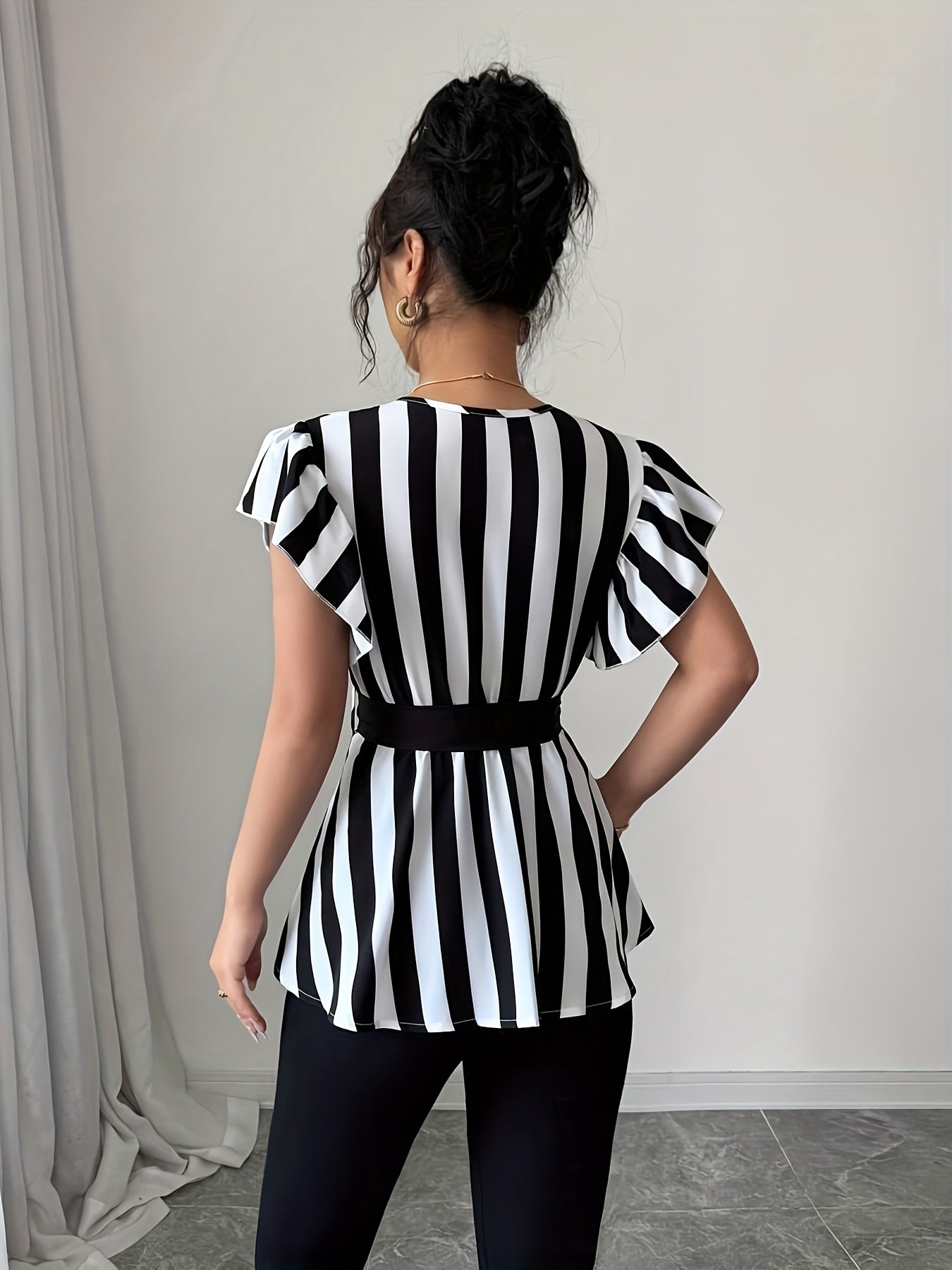 Women's Elegant Striped V-Neck Blouse with Belt - Black & White Vertical Stripes, Ruffled Sleeves, Cinched Waist, Machine Washable Polyester - Spring/Summer Fashion Top, Spring Summer Top | Waist Belted Top | Glossy Texture,