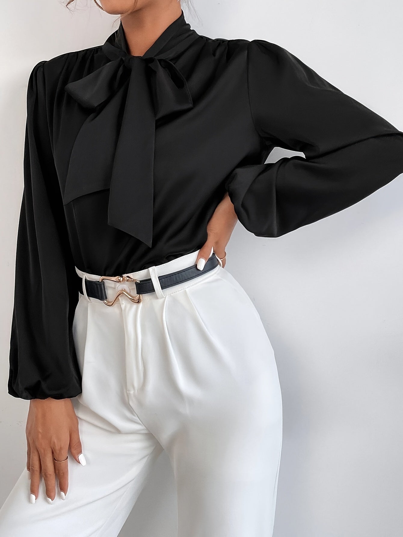 Elegant Satin Blouse with Tie-Neck and Bishop Sleeves, Polyester and Elastane, Solid Color, Non-Stretch Fabric - Women's Fashion Top, Seasonal Fashion | Bow Detail Shirt | Stylish Design, Ladies Blouses