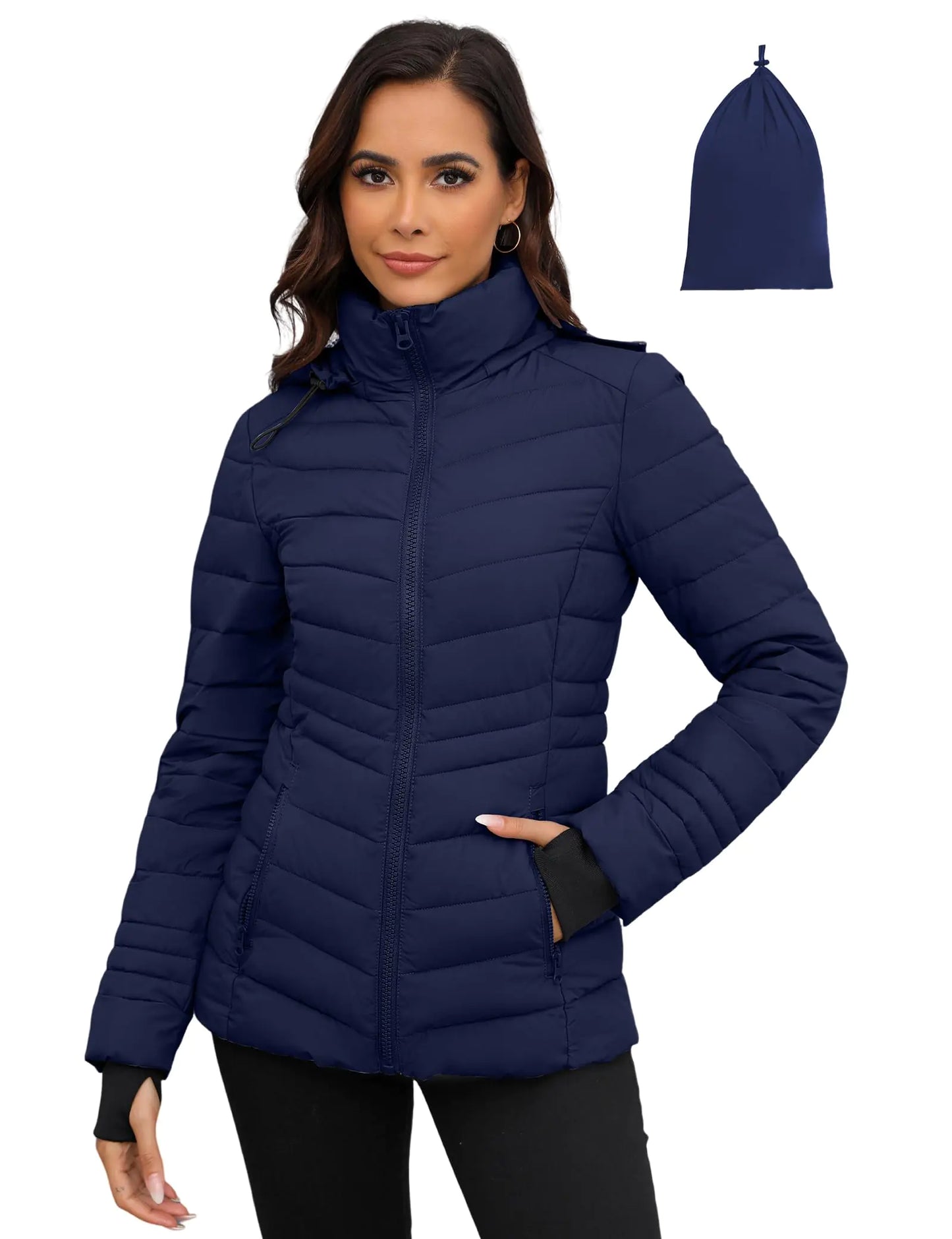 ANOTHER CHOICE Womens Packable Puffer Jacket Lightweight Puffer Coat with Hood Winter Puffy Jacket for Women (NavyXL)