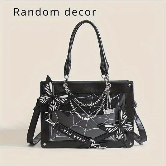 Vibrant Punk Style Spider Web Tote Bag - Trendy Goth Handbag for Women - Crossbody Bag with Y2K Butterfly Chain and Adjustable Strap