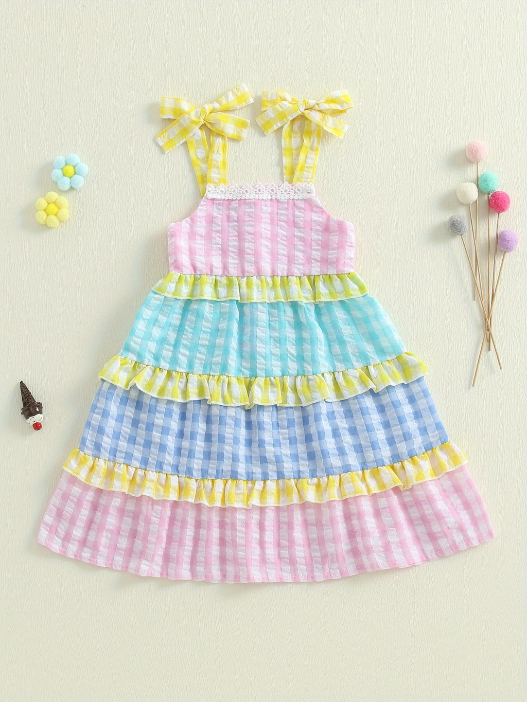 Toddler Girl Summer Dress Plaid Print Tie-up Sleeveless Tiered Ruffled A-Line Dress