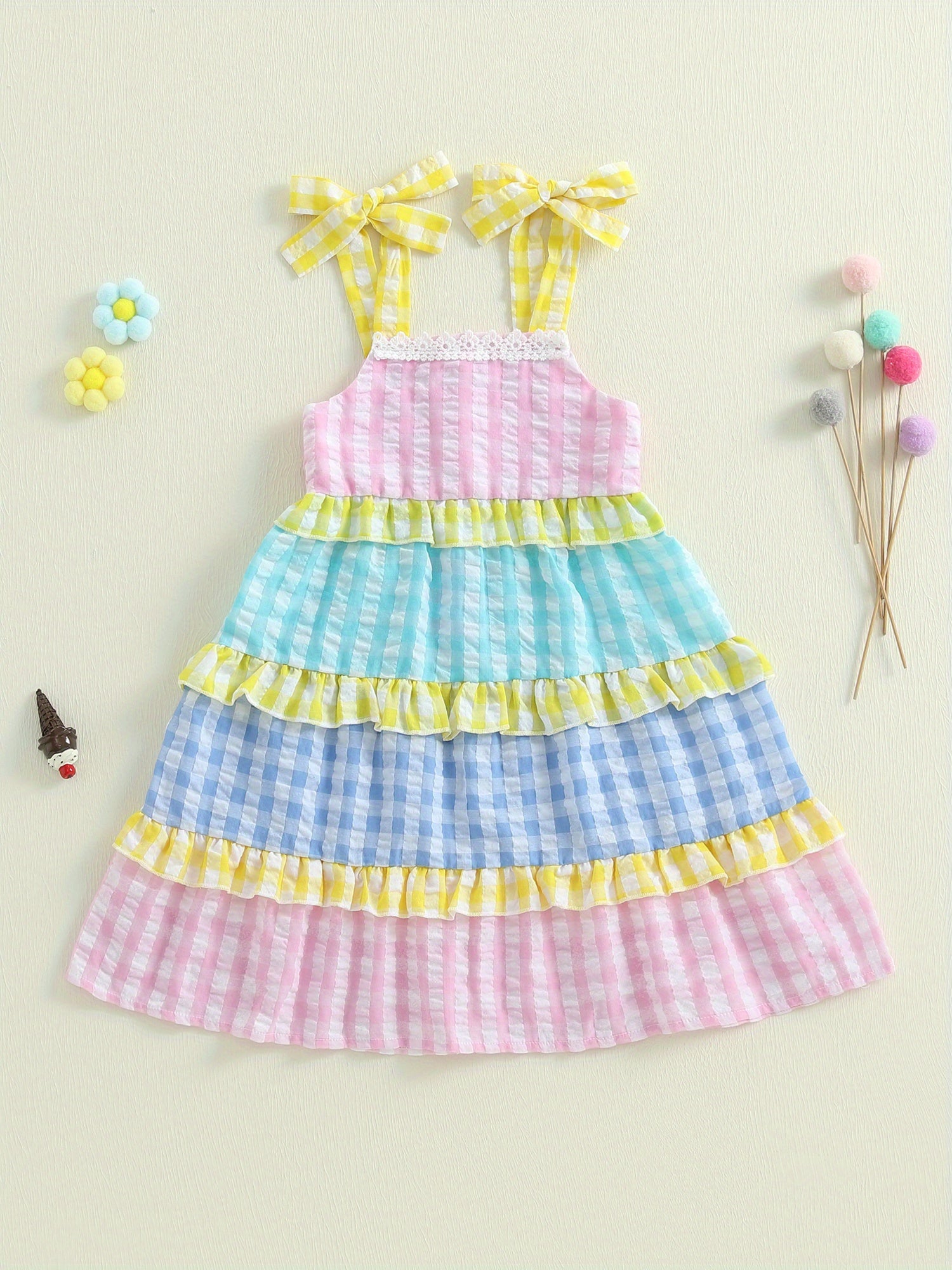 Toddler Girl Summer Dress Plaid Print Tie-up Sleeveless Tiered Ruffled A-Line Dress