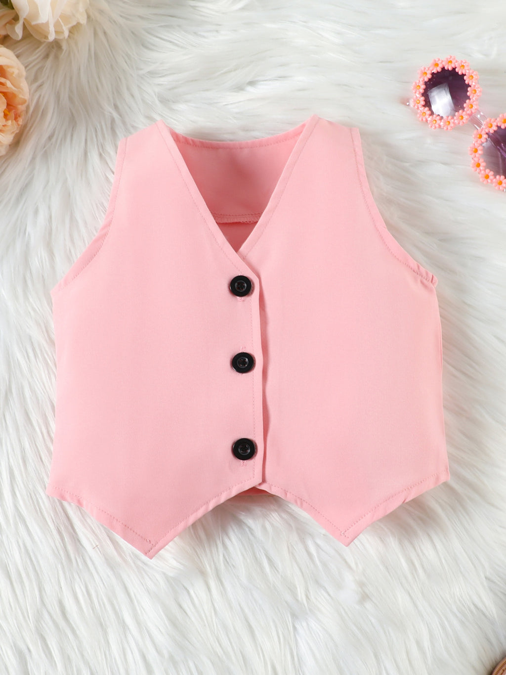 Girl Summer Set V-Neck Sleeveless Button-up Vest Cami Pleated Skirt Hat 4pcs Outfits, for Outdoor