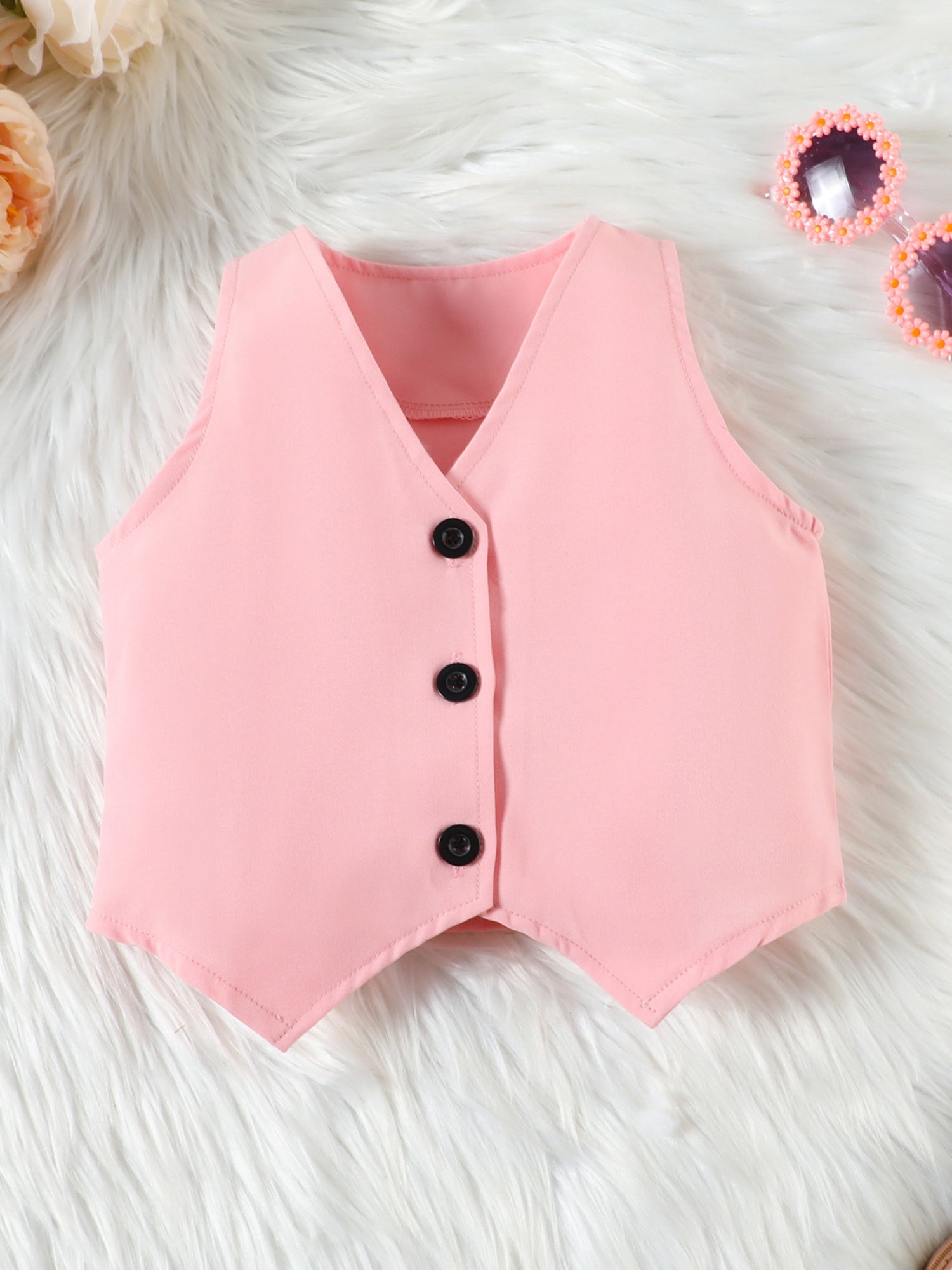 Girl Summer Set V-Neck Sleeveless Button-up Vest Cami Pleated Skirt Hat 4pcs Outfits, for Outdoor