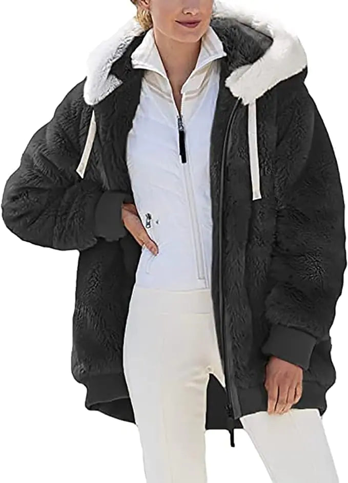 Winter Coats for Women 2024 Trendy Fleece Jacket Long Sleeve Faux Fur Winter Warm Coat Hooded Color Block Cardigan Outerwear