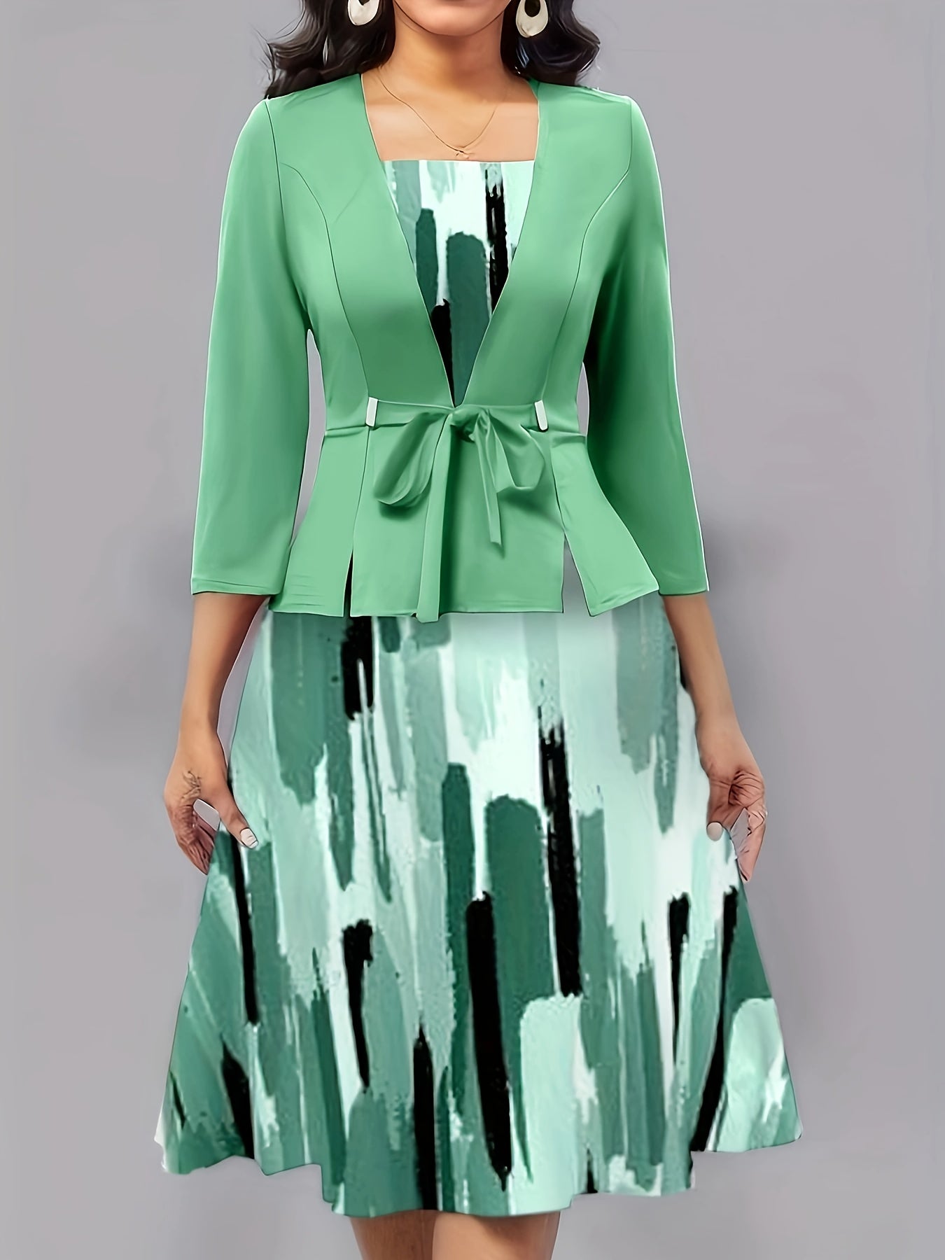 [2pcs Set: Crop Jacket & Dress] Elegant Women's 2pcs Set: Solid Color Crop Jacket & Geometric Print Dress - Stretchy, Machine Washable, Round Neck - Perfect for All Seasons