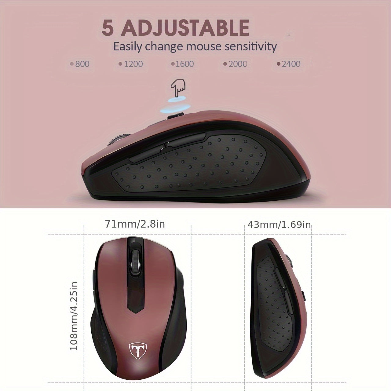 [2400 DPI Ergo Grips Mouse] Wireless Mouse, D-09 Computer Mouse USB Cordless Mice For Laptop, Ergo Grips, Lightspeed 5-Level 2400 DPI, 16 Months Battery, Portable For PC Mac Chromebook (Red, 1 Pack)