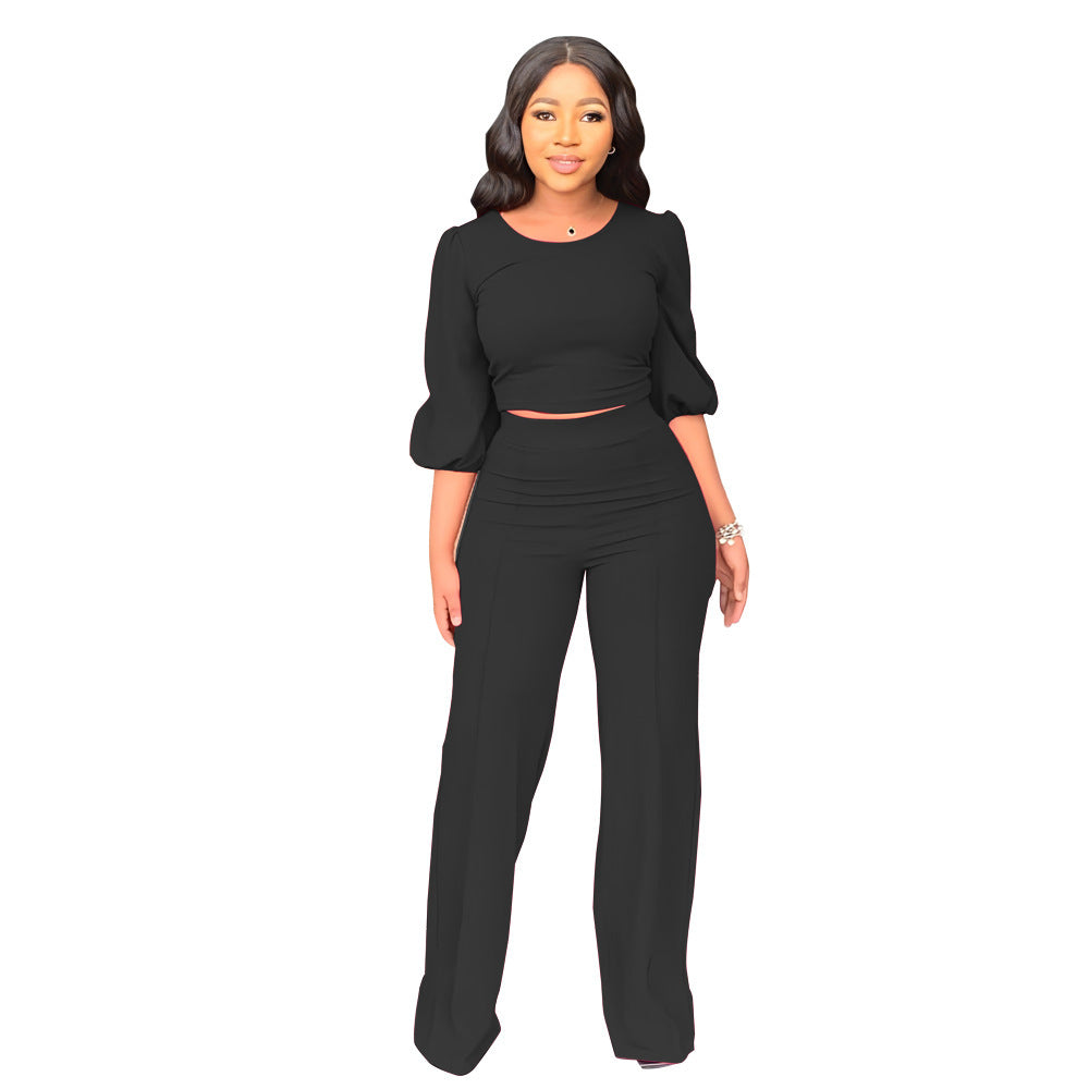 Women's Solid Color Slim Elastic Pleated Two-Piece Suit Sexy  Pants Suit
