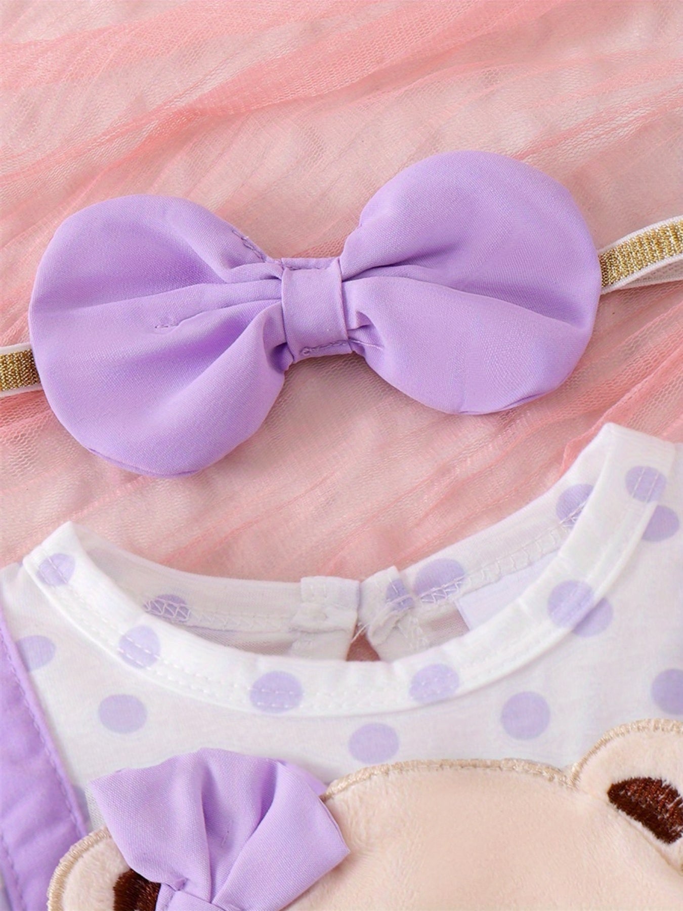 0- Cute Little Girl Summer Set Bear Embroidered Hoodie with Bow Headband and Short Sleeve jumpsuit, for Outdoor