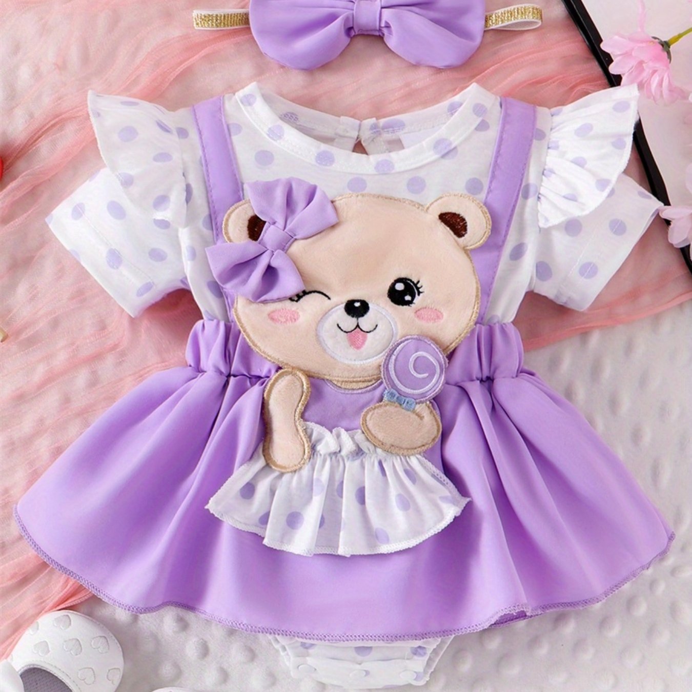 0- Cute Little Girl Summer Set Bear Embroidered Hoodie with Bow Headband and Short Sleeve jumpsuit, for Outdoor