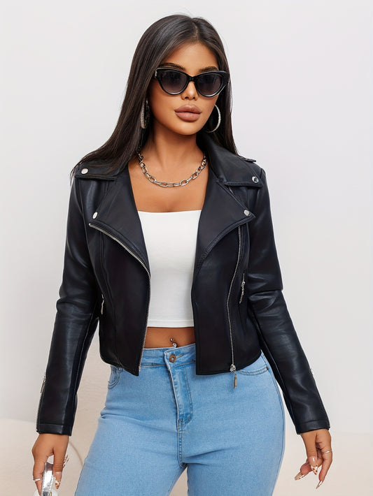 [Chic Faux Leather Jacket] Beige Faux Leather Women's Chic Biker Jacket | Long Sleeve, Zipper Front, Pockets, Skinny Fit | Spring/Fall Fashion, Casual Attire Jacket