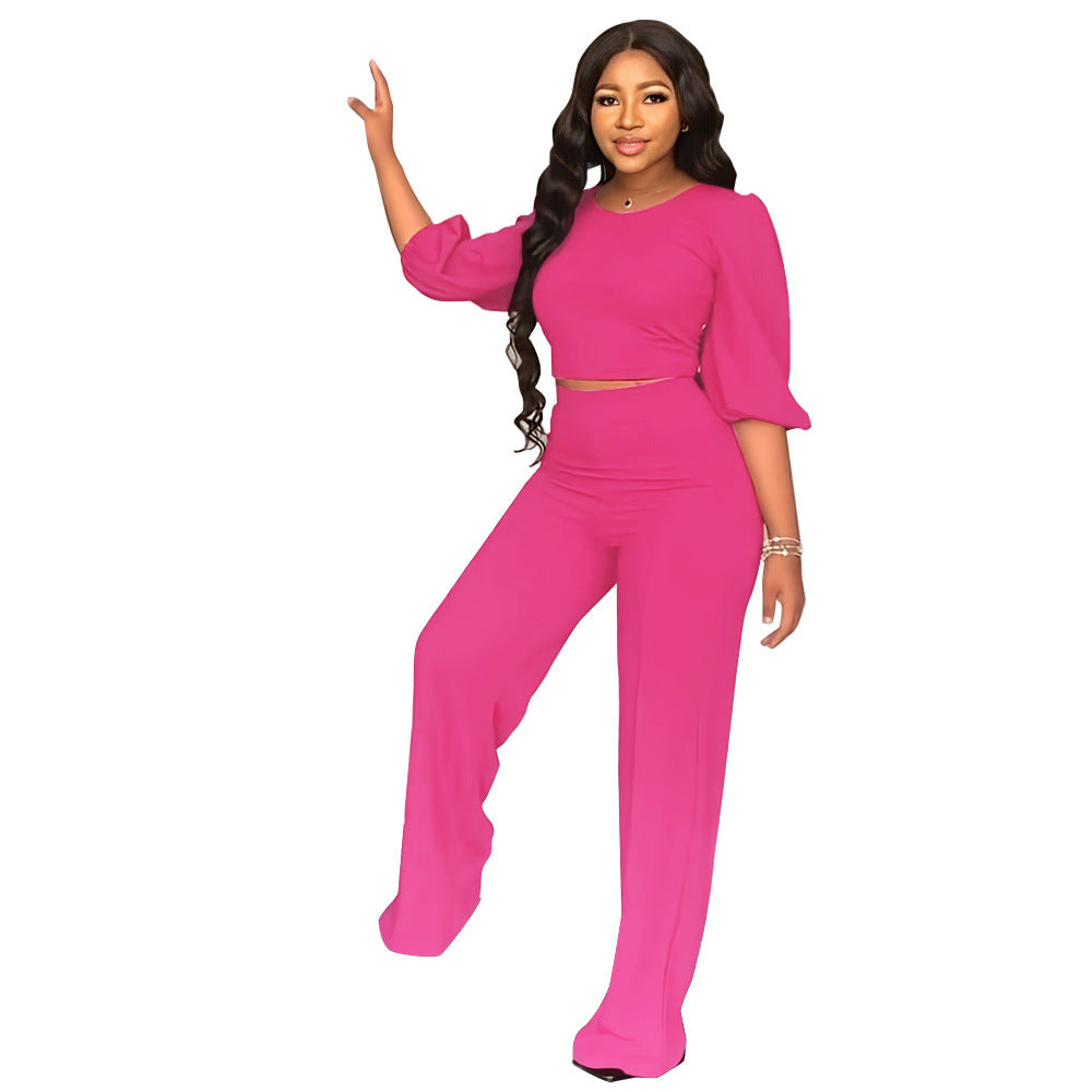 Women's Solid Color Slim Elastic Pleated Two-Piece Suit Sexy  Pants Suit