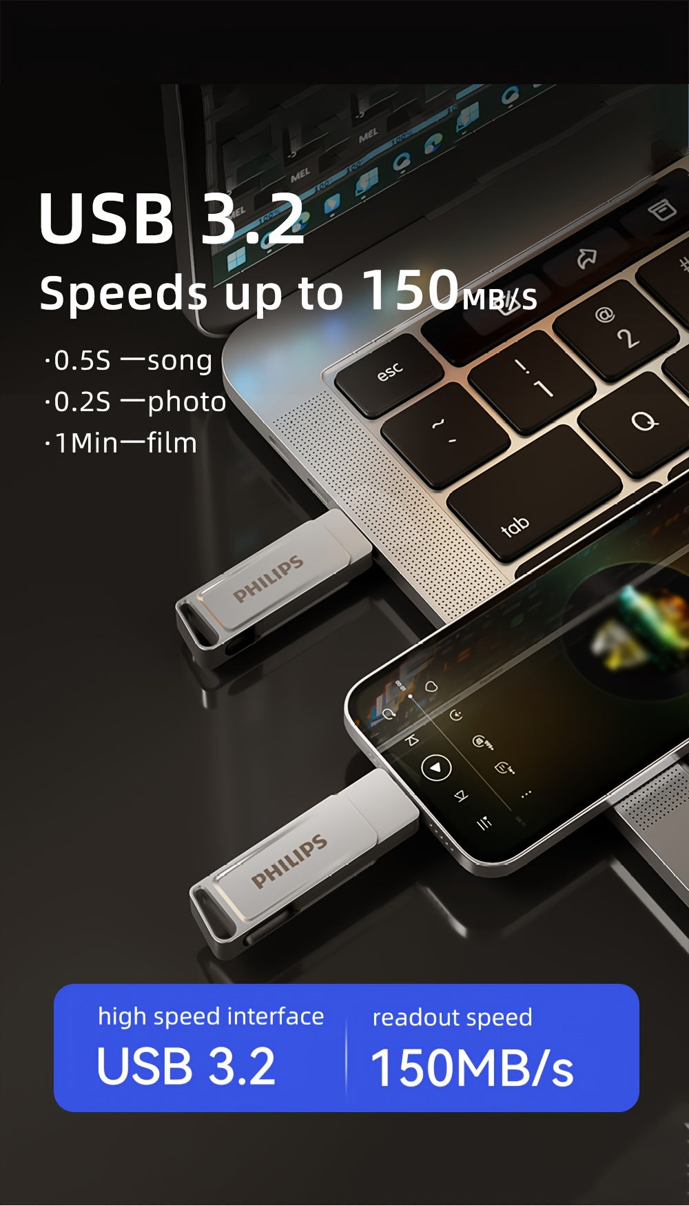 [PHILIPS Dual Flash Drive] PHILIPS 2-in-1 USB 3.2 Type-C Dual Flash Drive - Speed Up to 150MB/s, Metal, 32 GB, 64 GB, 128 GB, 256 GB - for USB-C Android Phones, iPhone 15, MacBook, iPad, Computers, etc