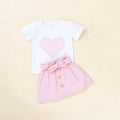European And American Summer Children's Clothing New Girl Pearl Love White Short Sleeve + bow Skirt Baby Skirt Set