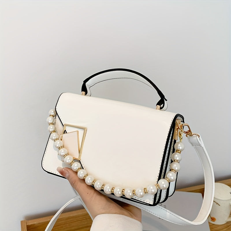 Fashion Square Handbag For Women, Faux Pearl Chain Decor Crossbody Bag, Metal Decor Flap Purse With Top Handle