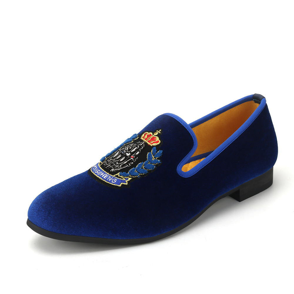 Men's Blue Velvet Shoes Embroidered Crown Couture