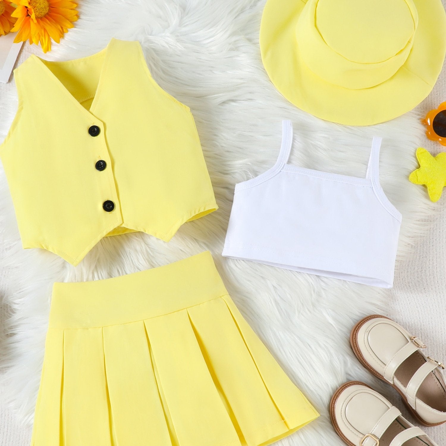 Girl Summer Set V-Neck Sleeveless Button-up Vest Cami Pleated Skirt Hat 4pcs Outfits, for Outdoor