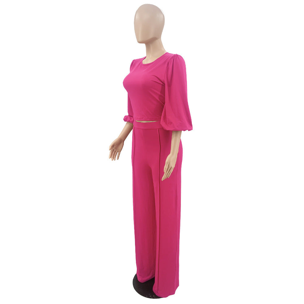 Women's Solid Color Slim Elastic Pleated Two-Piece Suit Sexy  Pants Suit