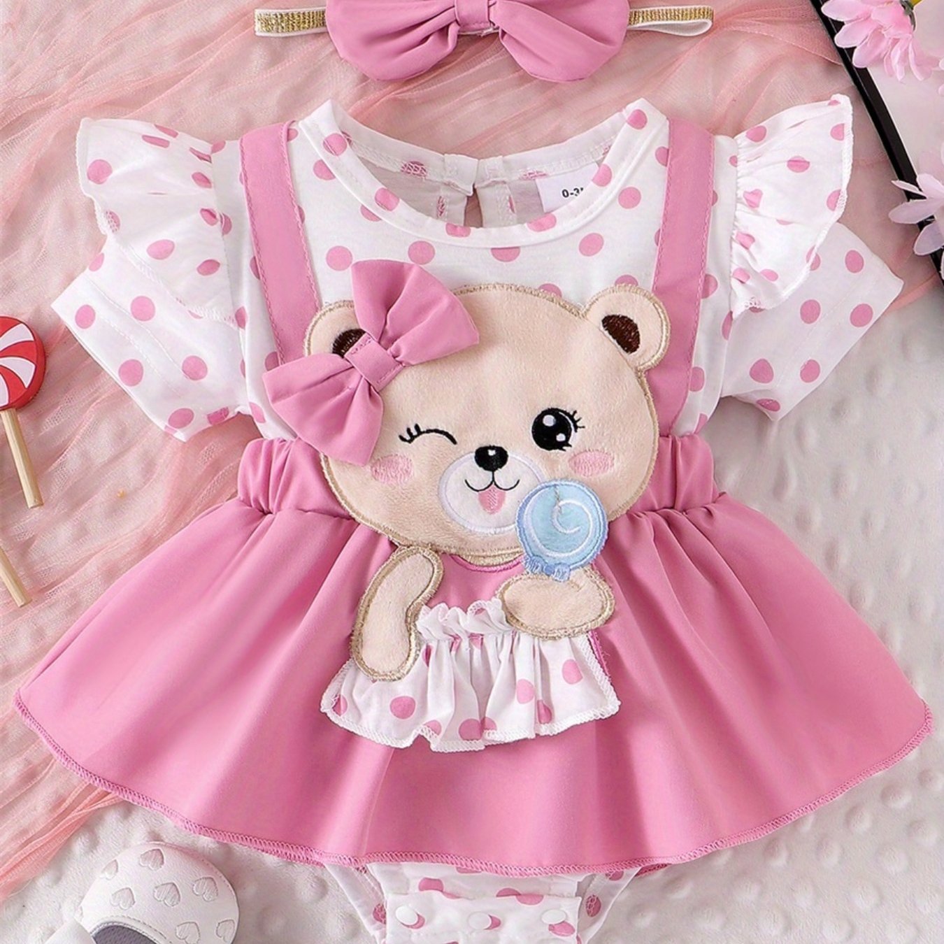 0- Cute Little Girl Summer Set Bear Embroidered Hoodie with Bow Headband and Short Sleeve jumpsuit, for Outdoor