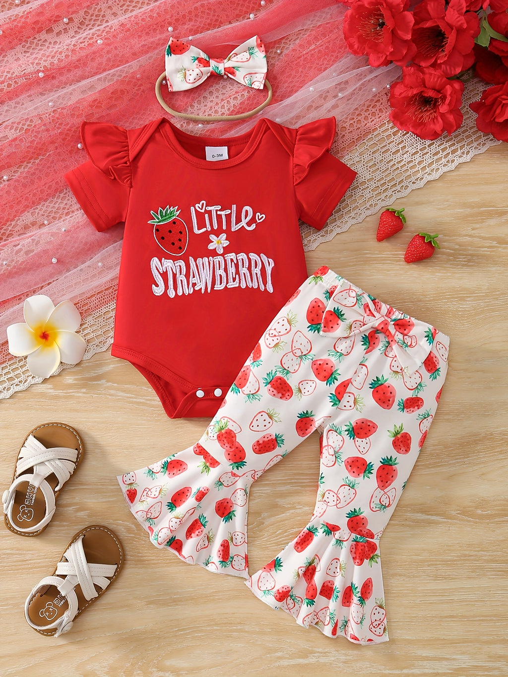 3pcs Baby Girl Summer Short Sleeved Strawberry Letter Jumpsuit&bow Full Print Trumpet Pants&headband Cute Three Piece Baby Girl, Perfect for Outdoor