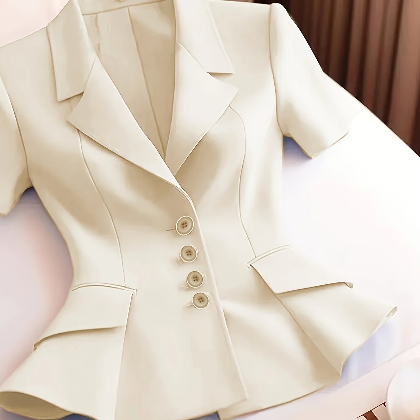 Elegant Women's Slimming Pink Blazer - Chic Short Sleeve, Button Front Jacket with Ruffled Hem, Polyester, Non-Sheer - Perfect for Office & Casual Wear