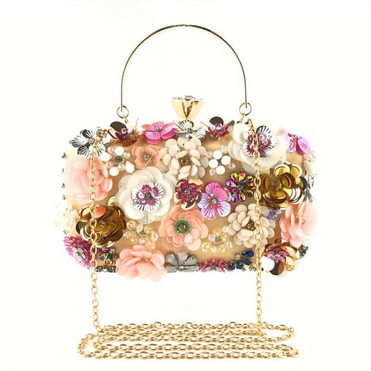 One 3D Beaded Flower Exquisite Evening Bag - Elegant Box Clutch Purse with Sparkling Accents, Women's Wedding Handbags for Party Prom, Carnival Mardi Gras Music Festival, and Formal Occasions - Perfect for Making a Statement