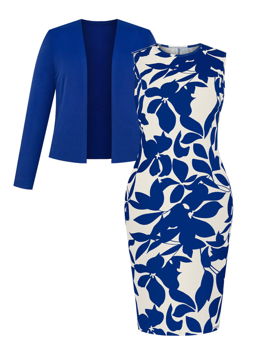 Stylish Plus Size Co-ord Set - Elegant Crew Neck Floral Print Dress and Blue Jacket - High Stretch Knit Fabric, Polyester and Elastane Blend, Comfortable and Versatile Suit Jacket Dress Set for Plus Size Women