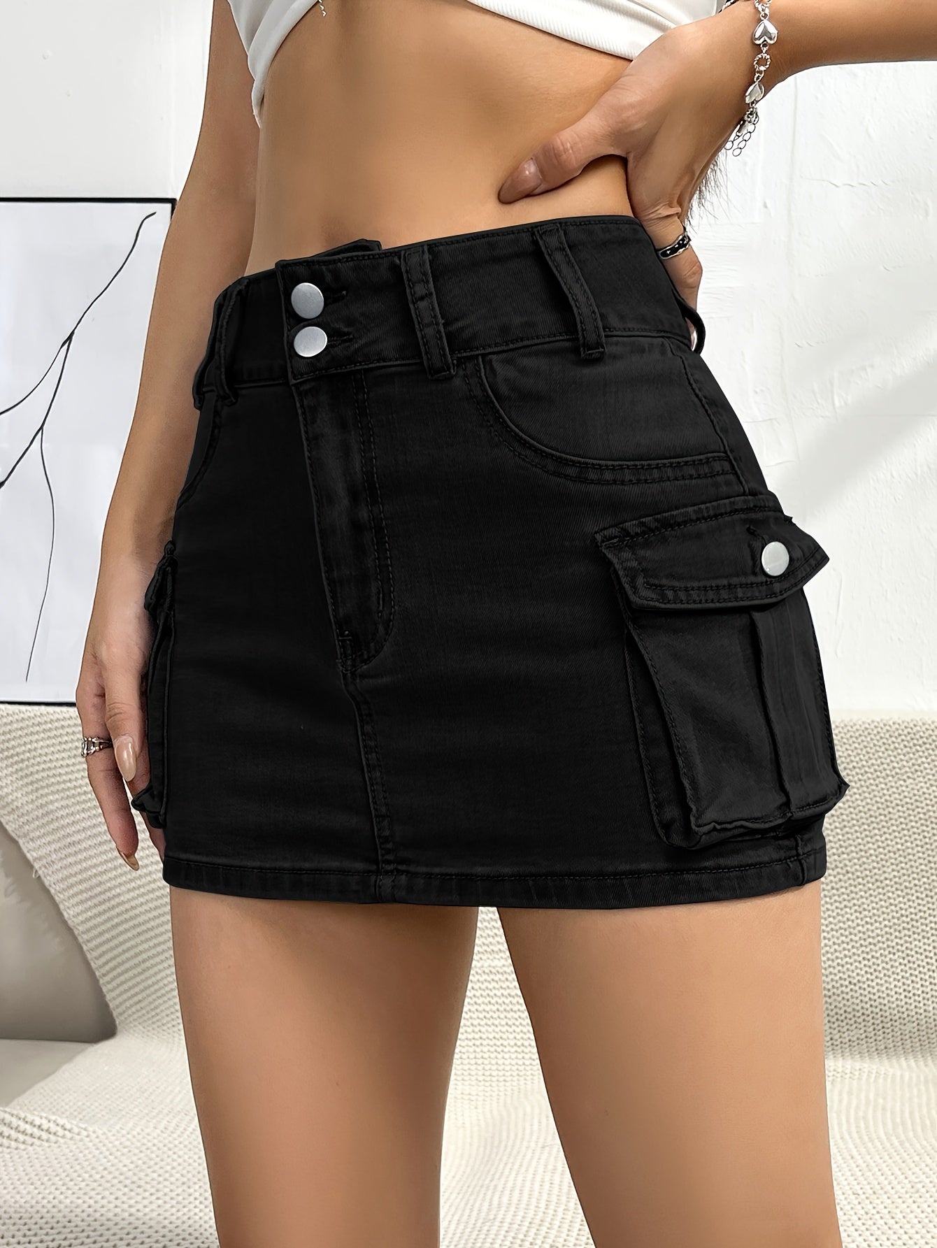 Multi-pocket Denim Cargo Skirts, Single Button Sexy Mid-stretch Denim Skirts, Women's Denim Clothing