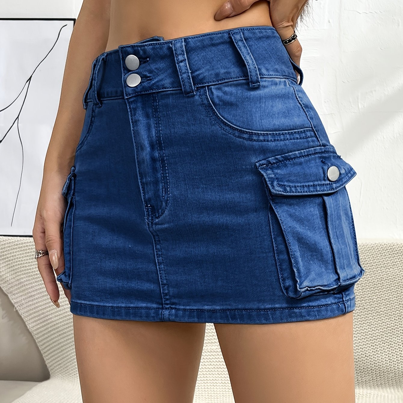 Multi-pocket Denim Cargo Skirts, Single Button Sexy Mid-stretch Denim Skirts, Women's Denim Clothing